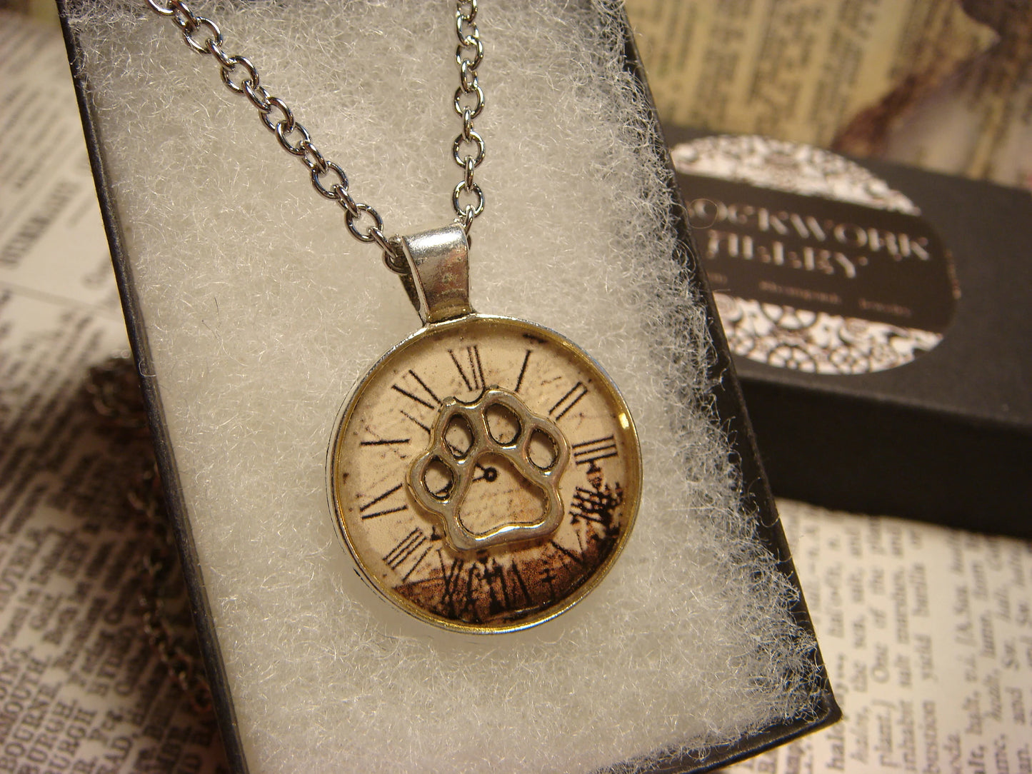 Paw over Victorian Clock Small Pendant Necklace