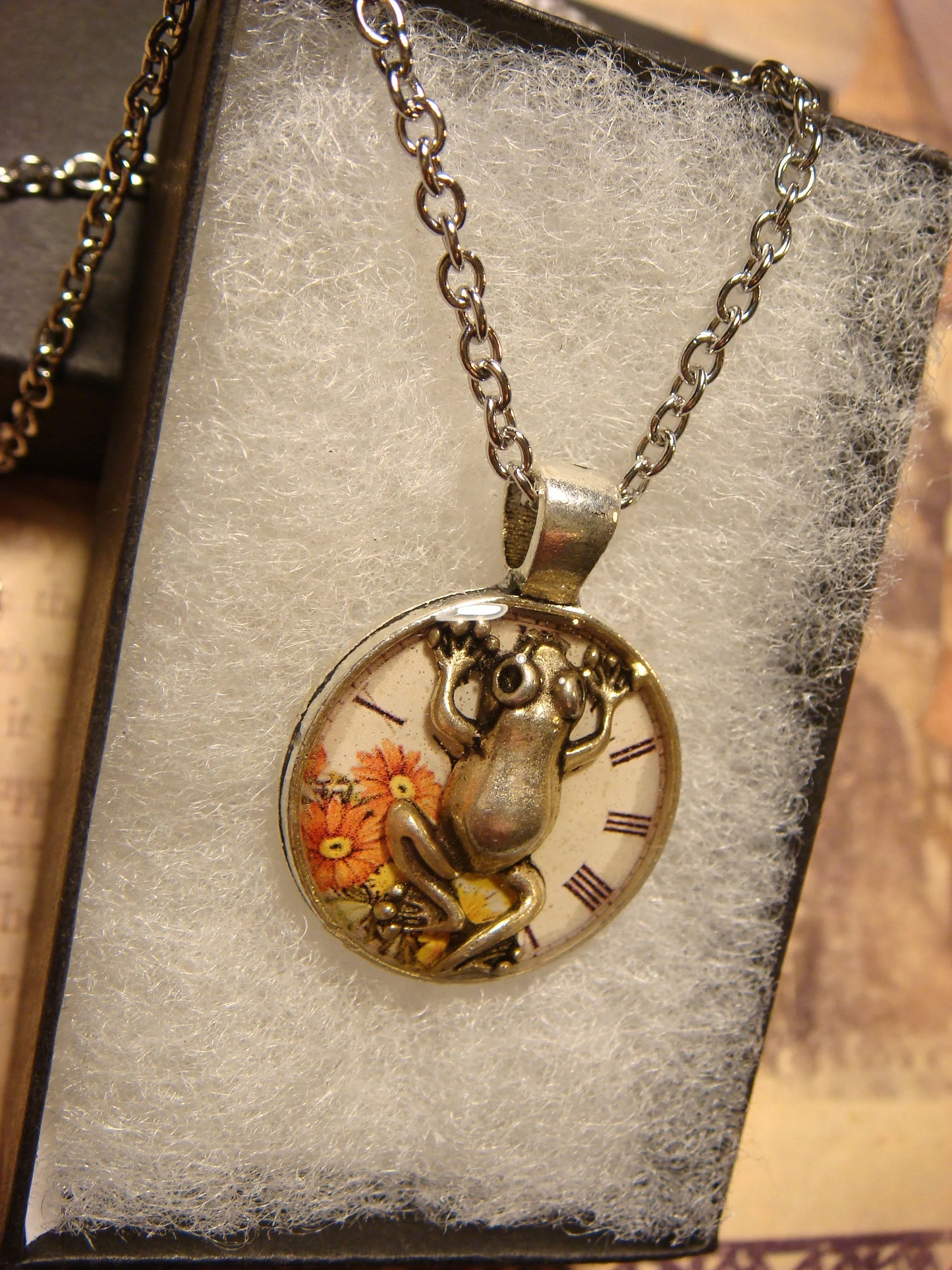 Frog over Floral Clock Small Pendant Necklace