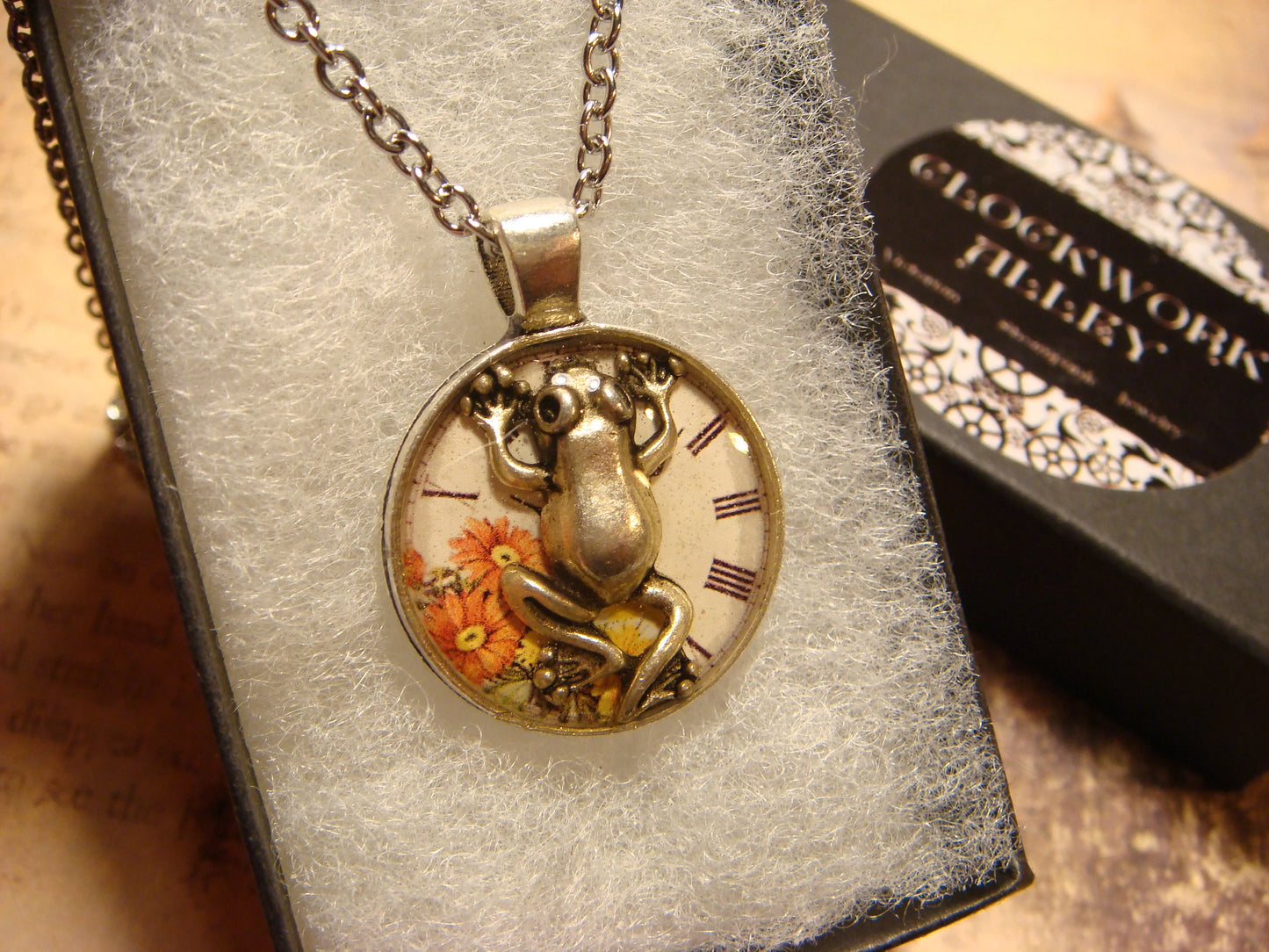 Frog over Floral Clock Small Pendant Necklace