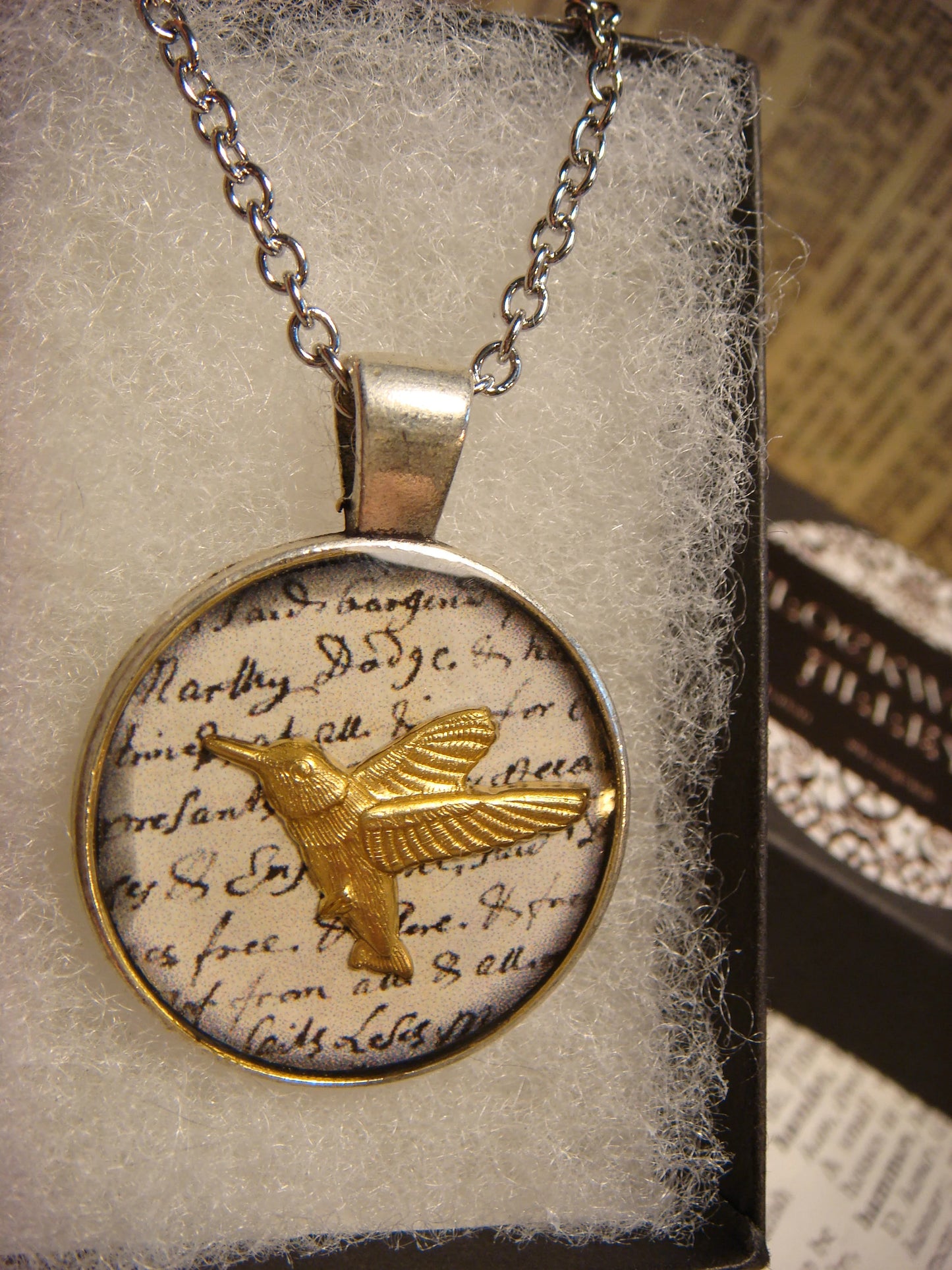 Hummingbird over Writing Pendant Necklace