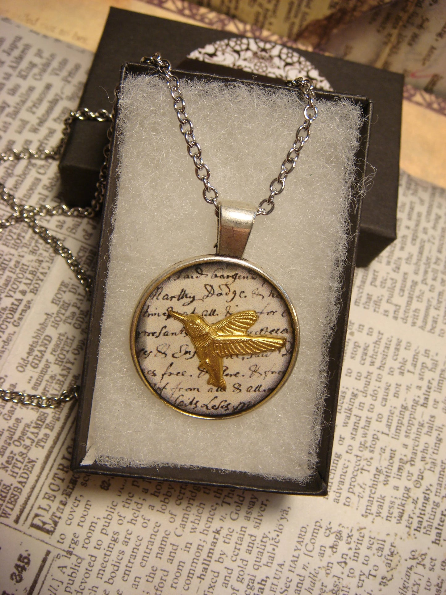 Hummingbird over Writing Pendant Necklace