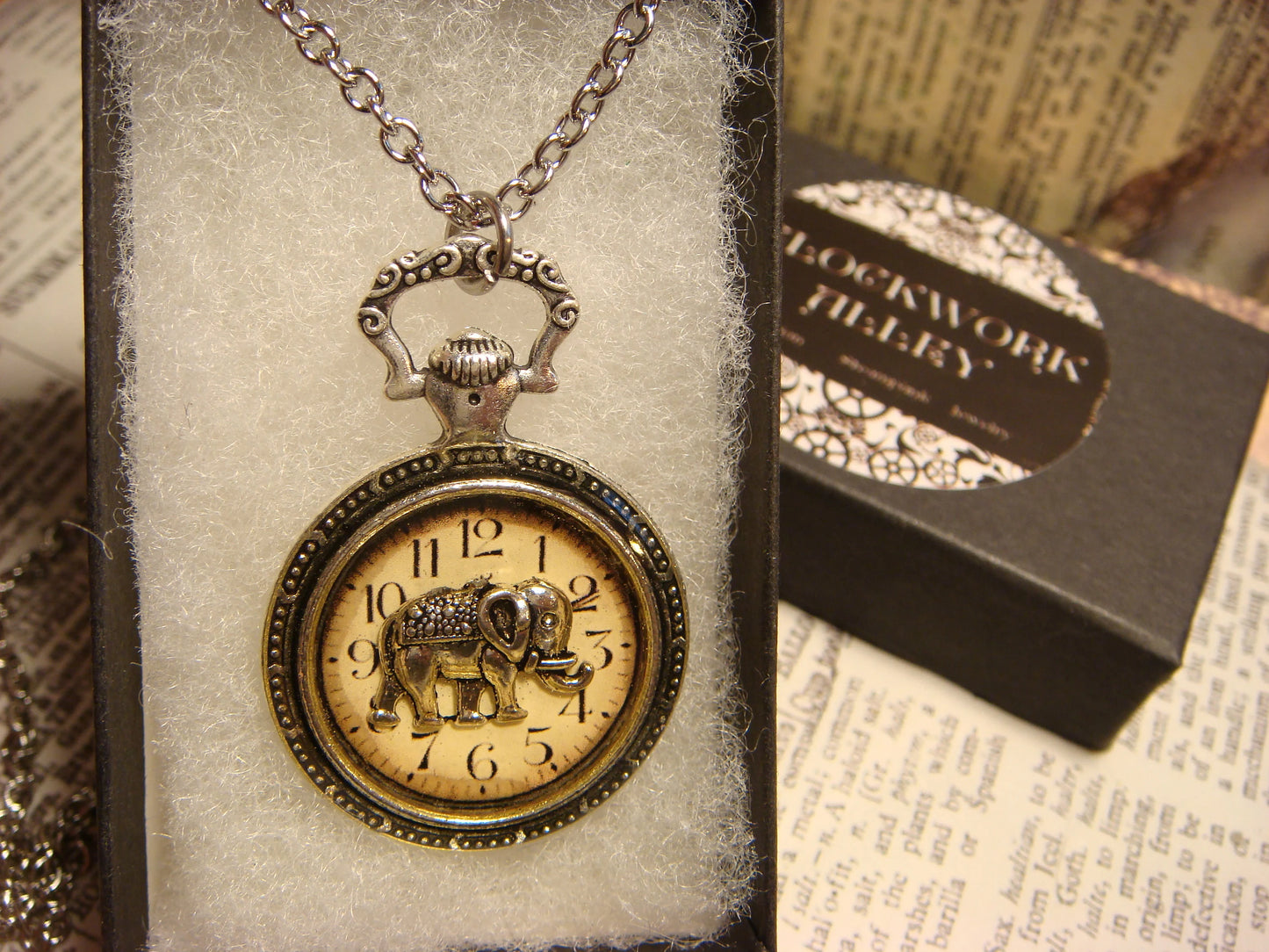 Elephant over Clock Pocket Watch Pendant Necklace