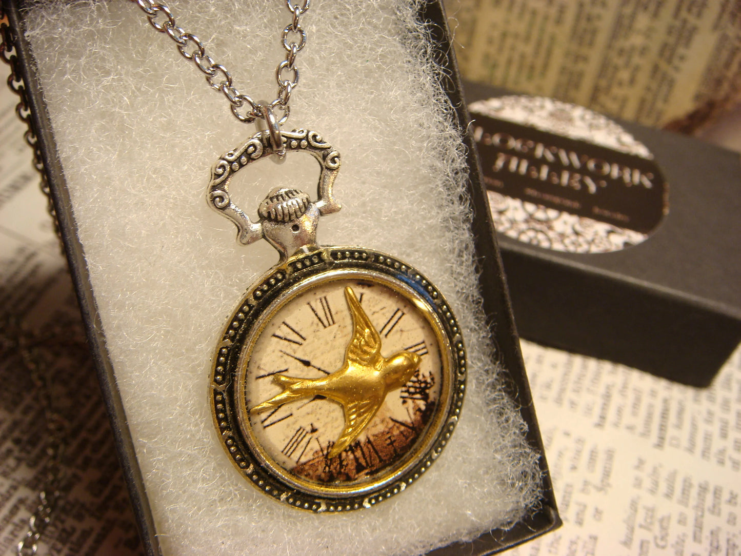 Sparrow over Victorian Clock Pocket Watch Pendant Necklace