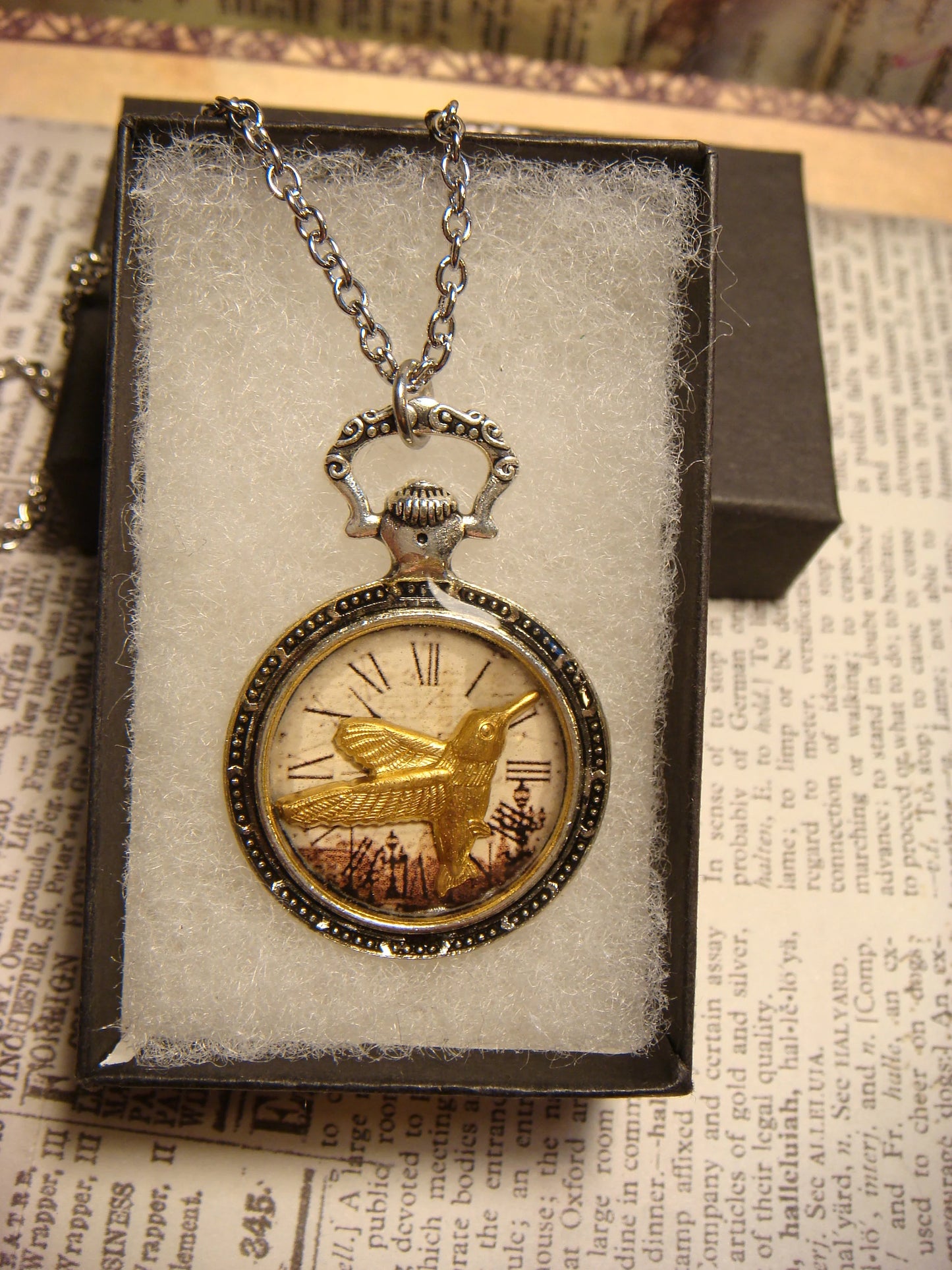 Hummingbird over Victorian Clock Pocket Watch Pendant Necklace