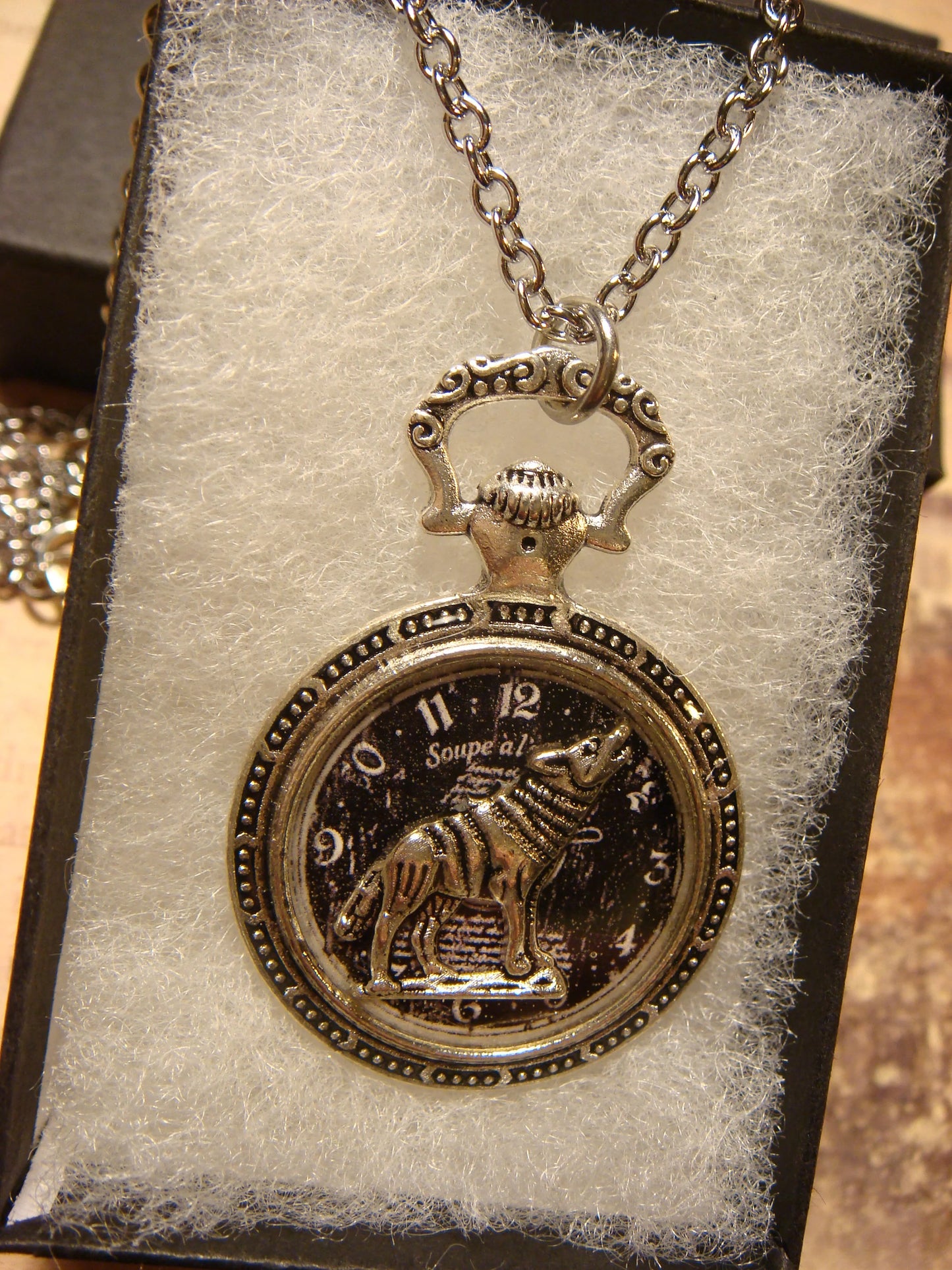 Wolf over Clock Pocket Watch Pendant Necklace