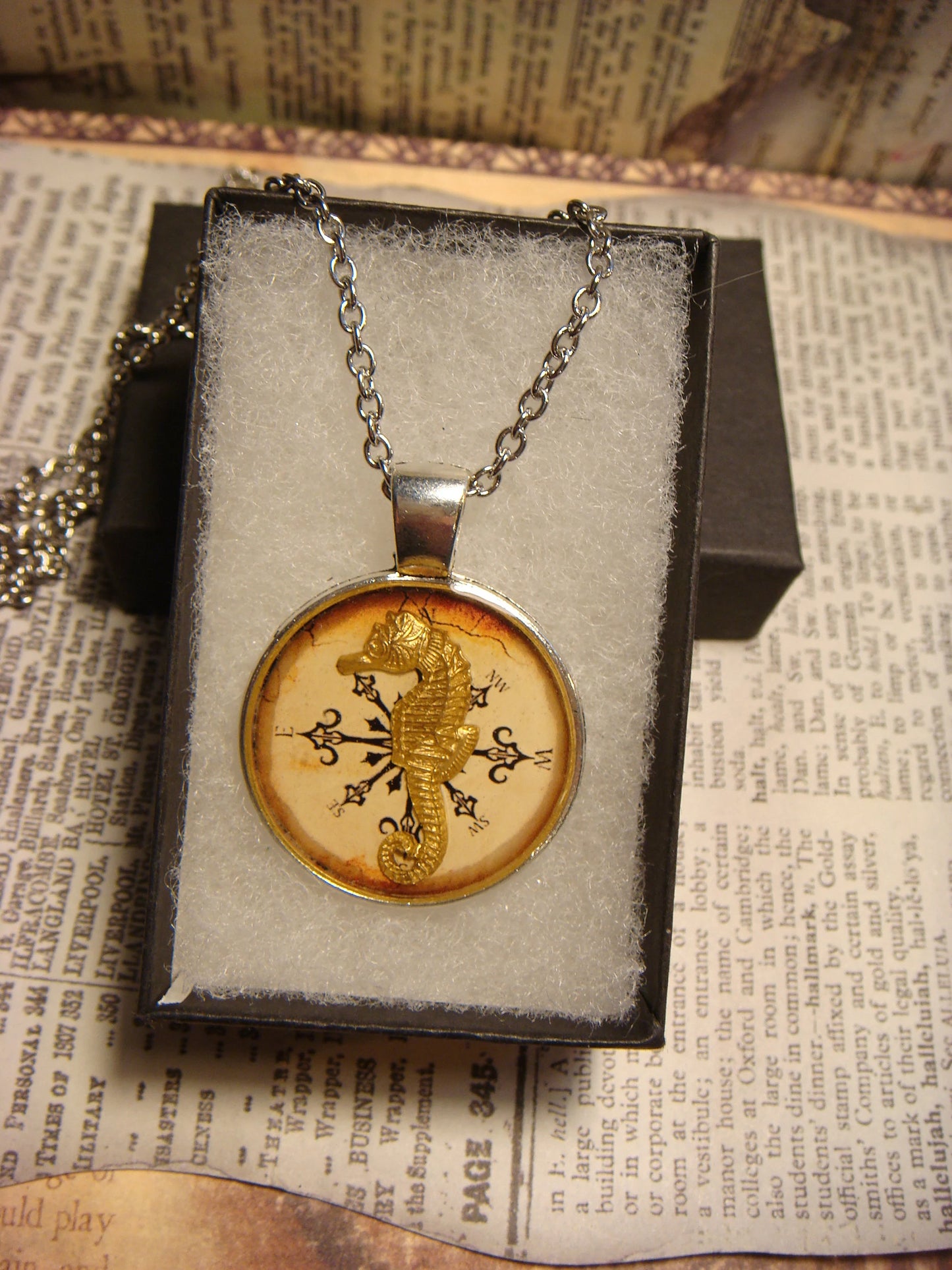 Seahorse over Compass Pendant Necklace