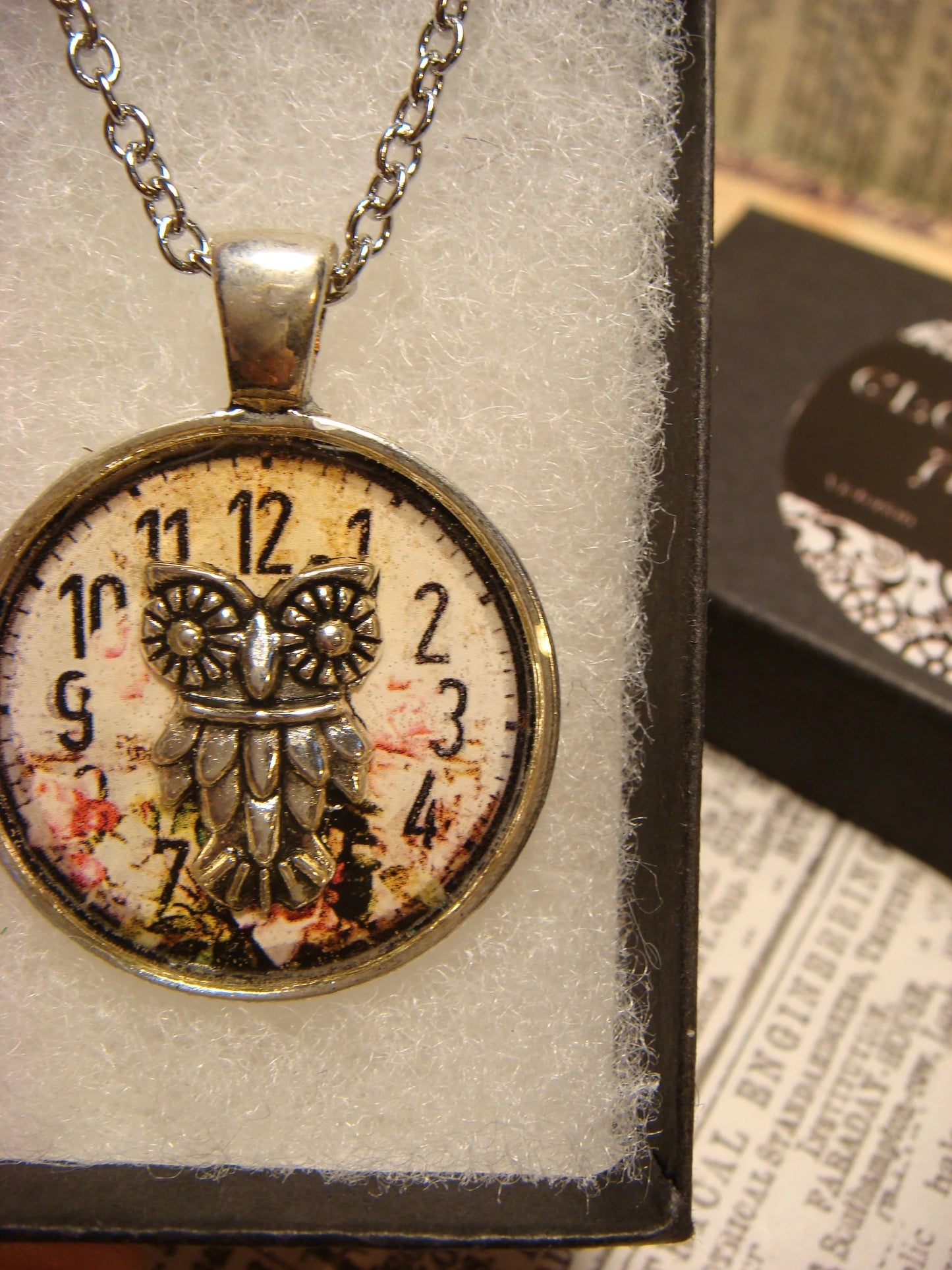 Owl over Floral Clock Pendant Necklace