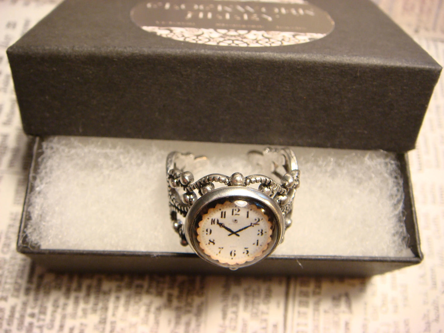 Clock Image Filigree Ring in Antique Silver - Adjustable