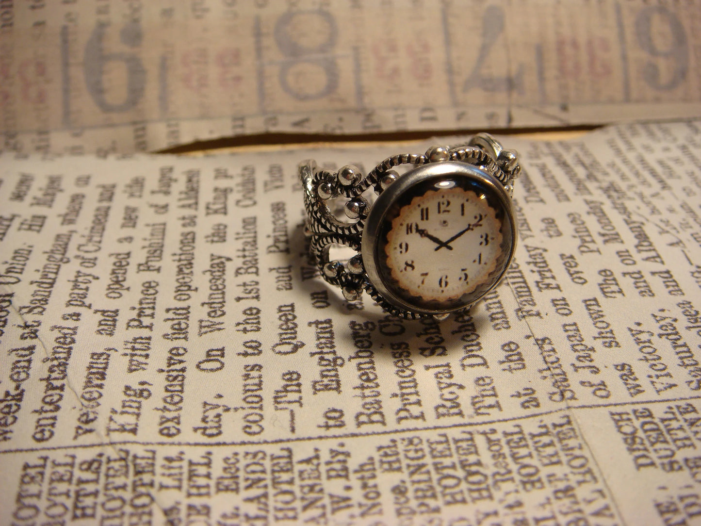 Clock Image Filigree Ring in Antique Silver - Adjustable