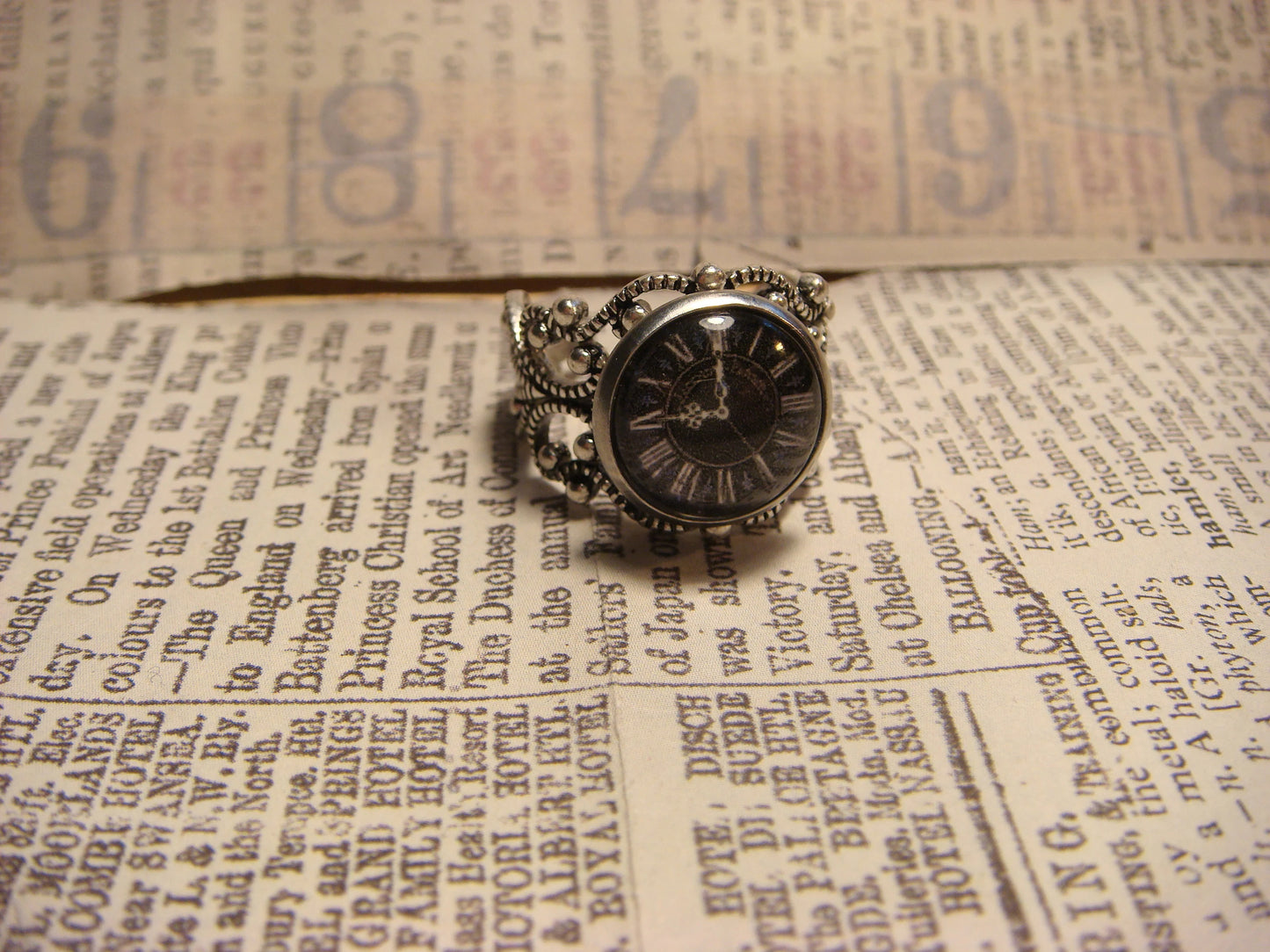 Clock Image Filigree Ring in Antique Silver - Adjustable