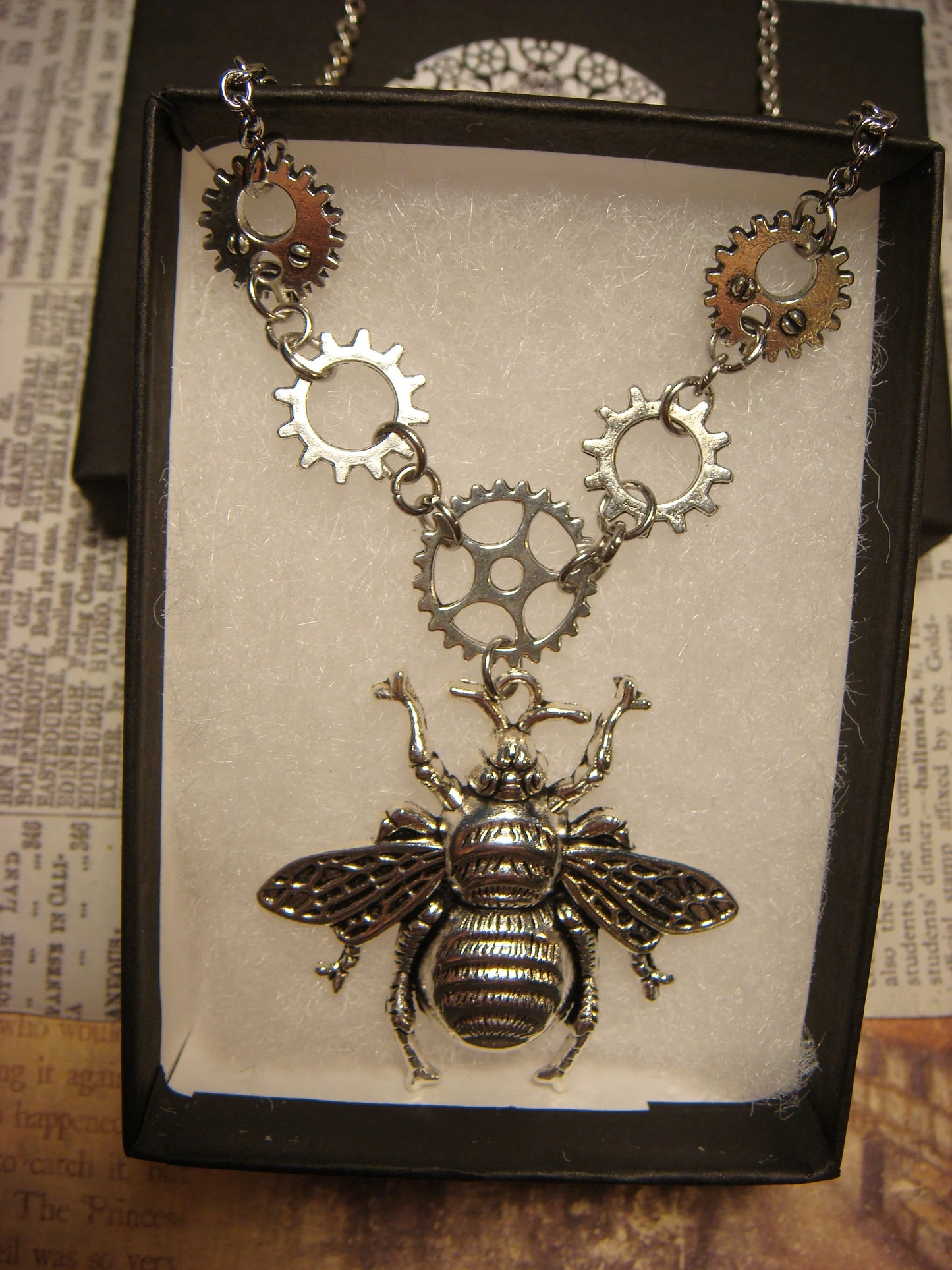 Steampunk Bee with Gears Necklace in Antique Silver