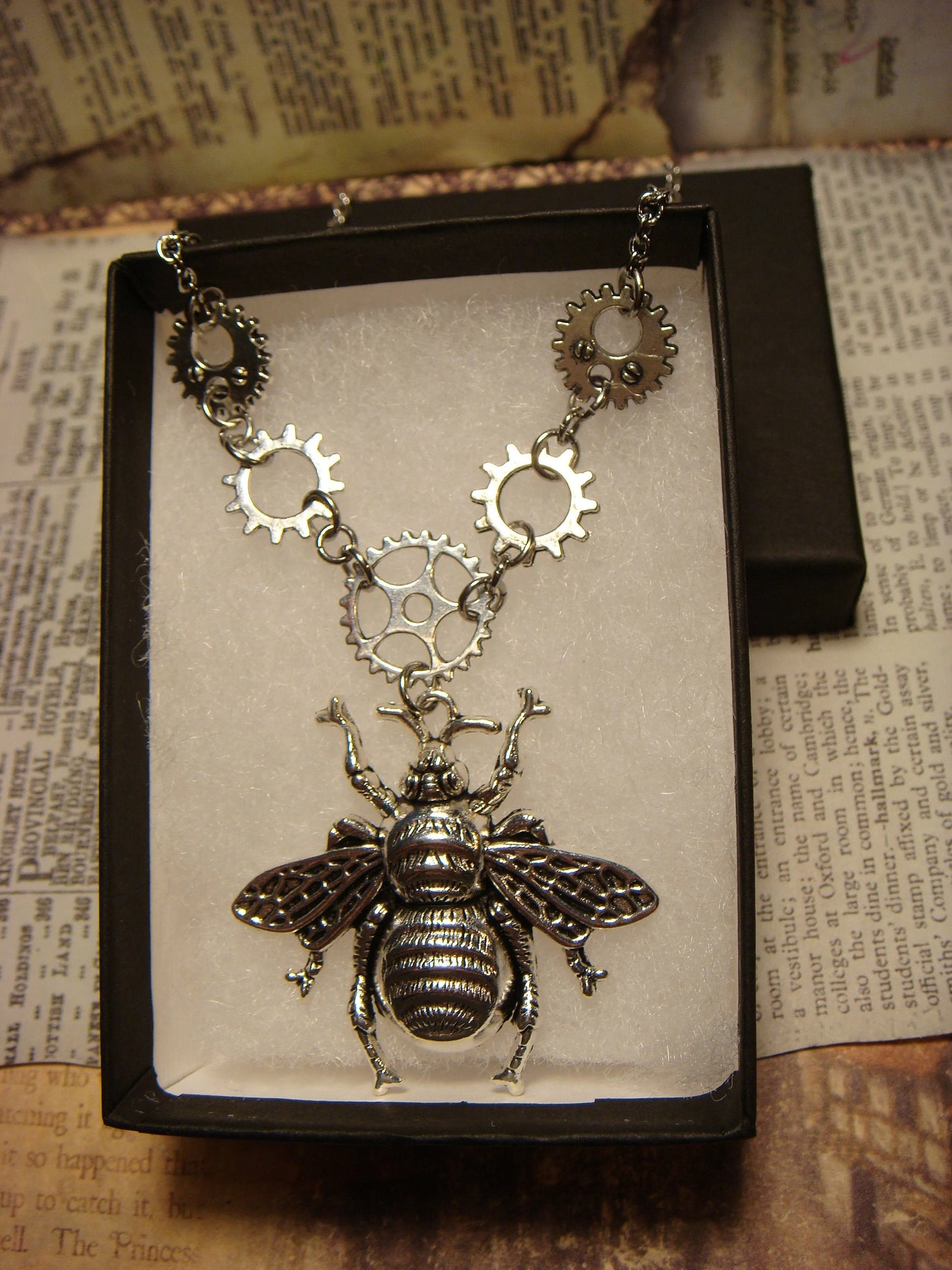 Steampunk Bee with Gears Necklace in Antique Silver