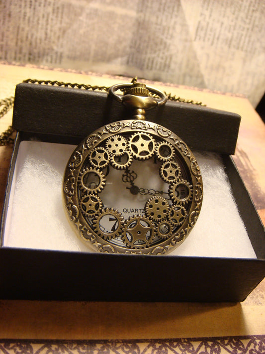 Working Steampunk Gears Pocket Watch Necklace in Antique Bronze
