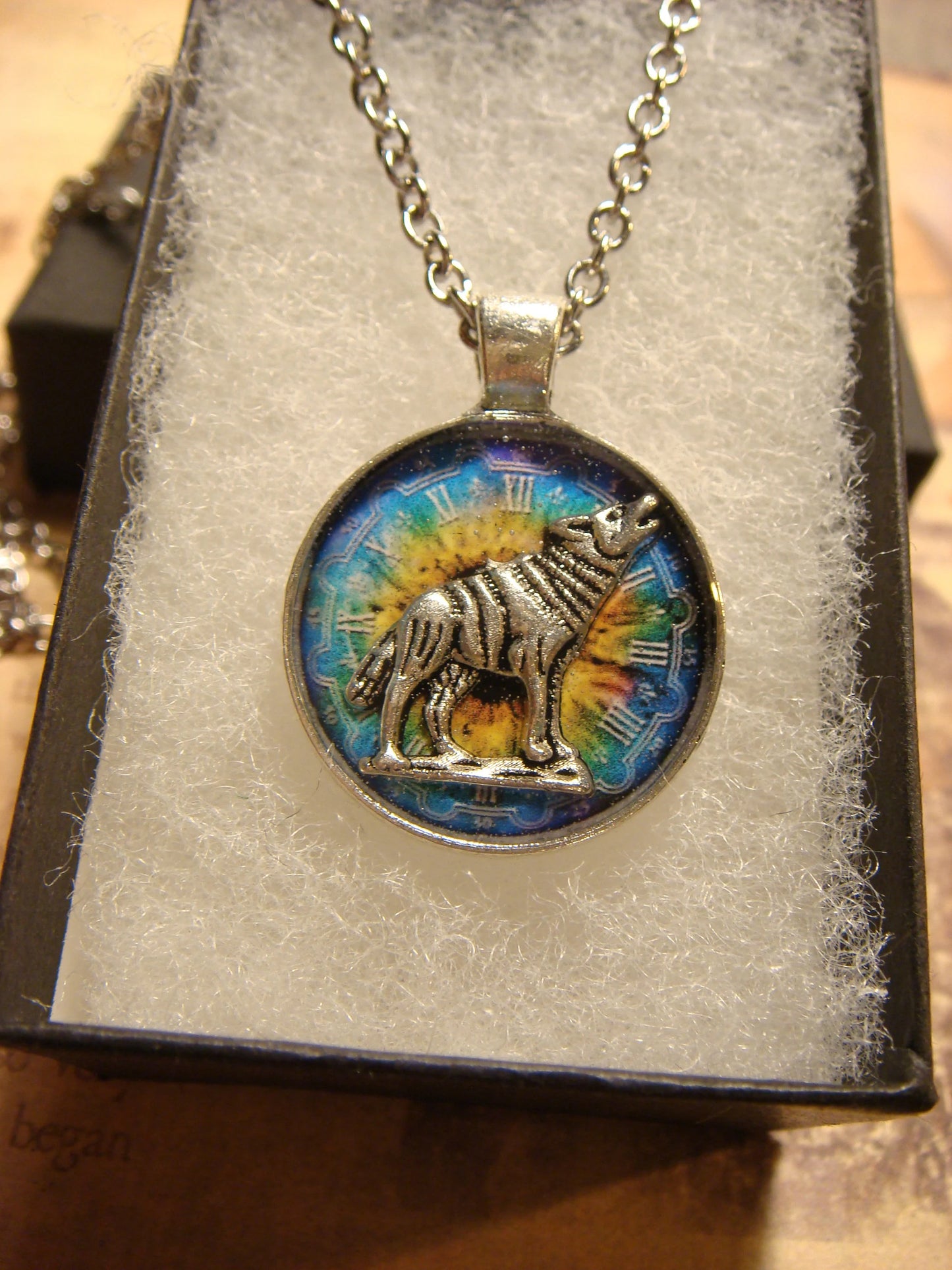 Wolf over Colorful Clock Small Pendant Necklace