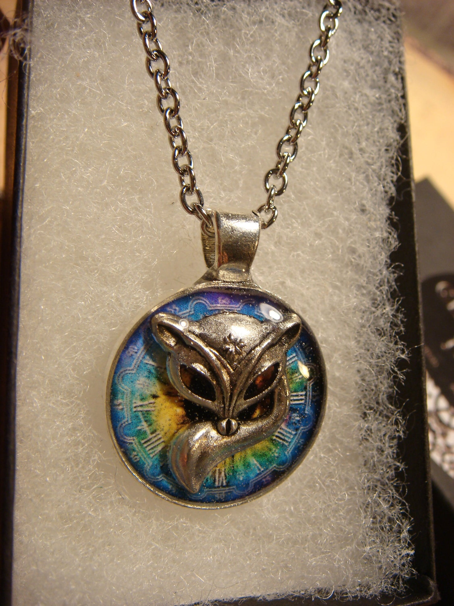 Fox over Colorful Clock Small Pendant Necklace