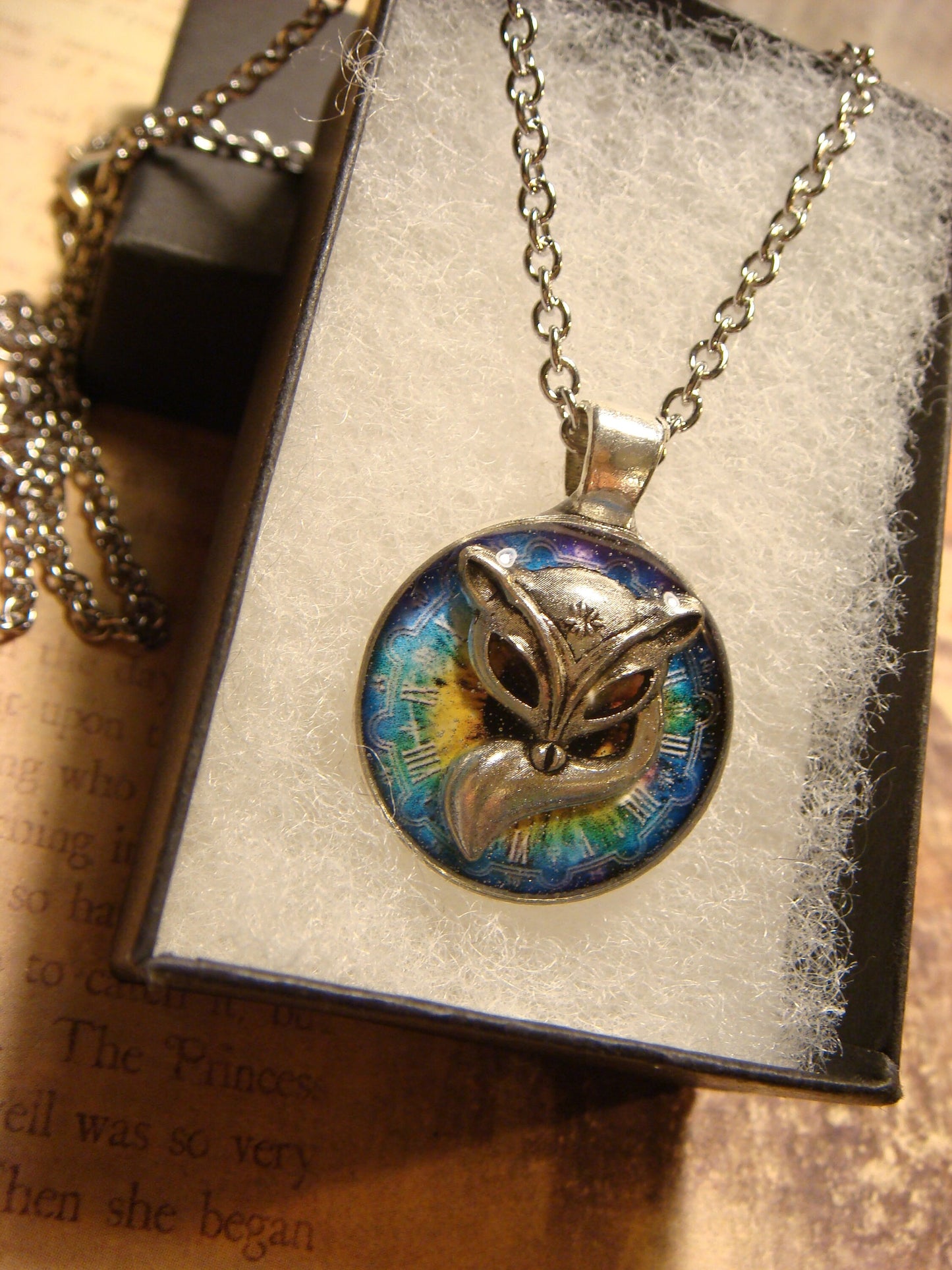 Fox over Colorful Clock Small Pendant Necklace