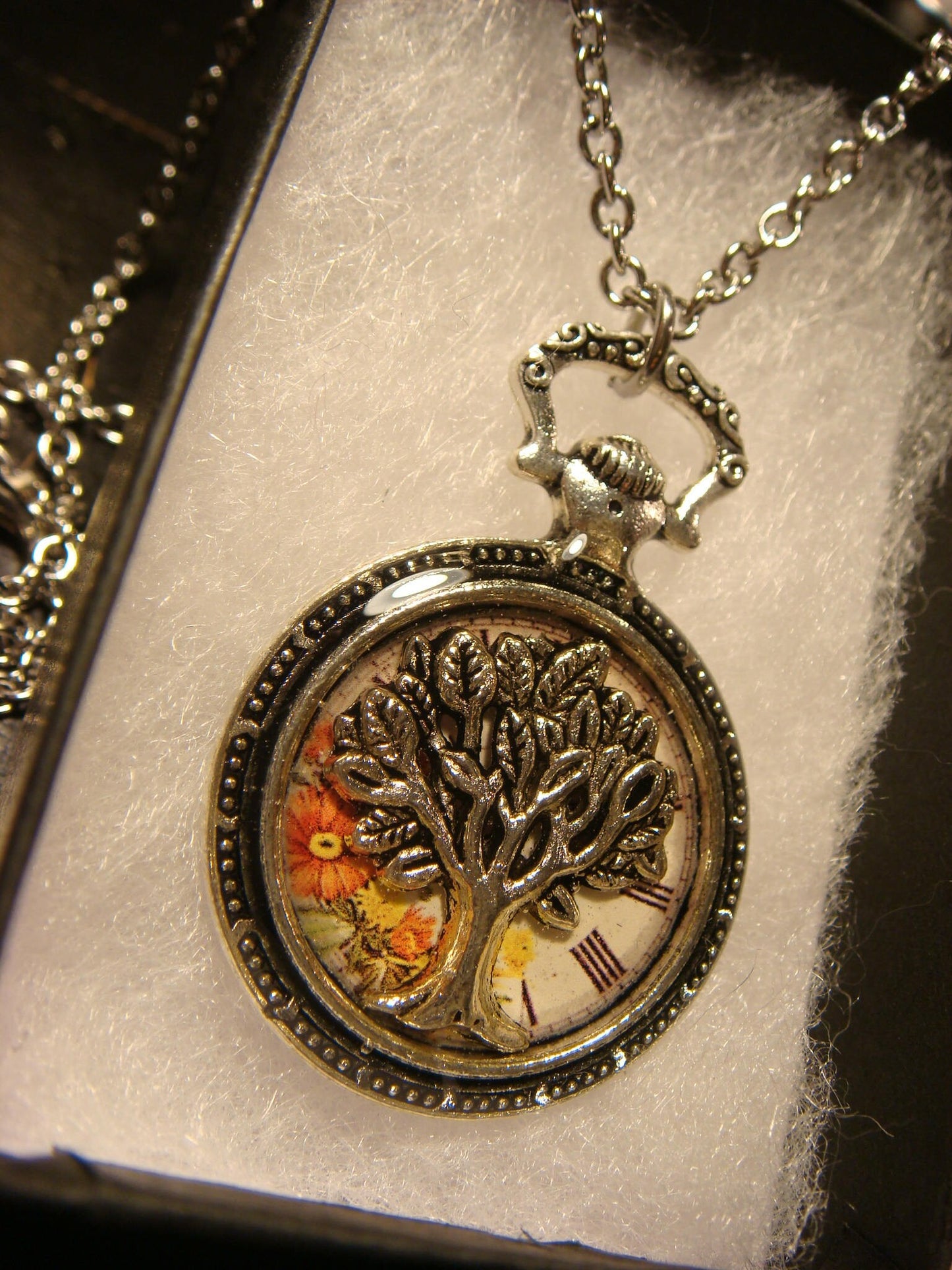 Tree of Life over Floral Clock Pocket Watch Pendant Necklace