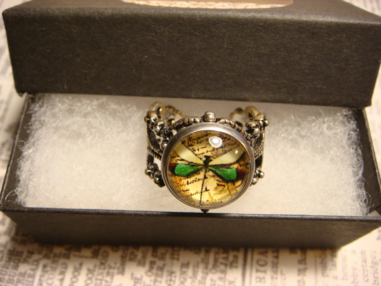 Dragonfly Image Filigree Ring in Antique Silver - Adjustable