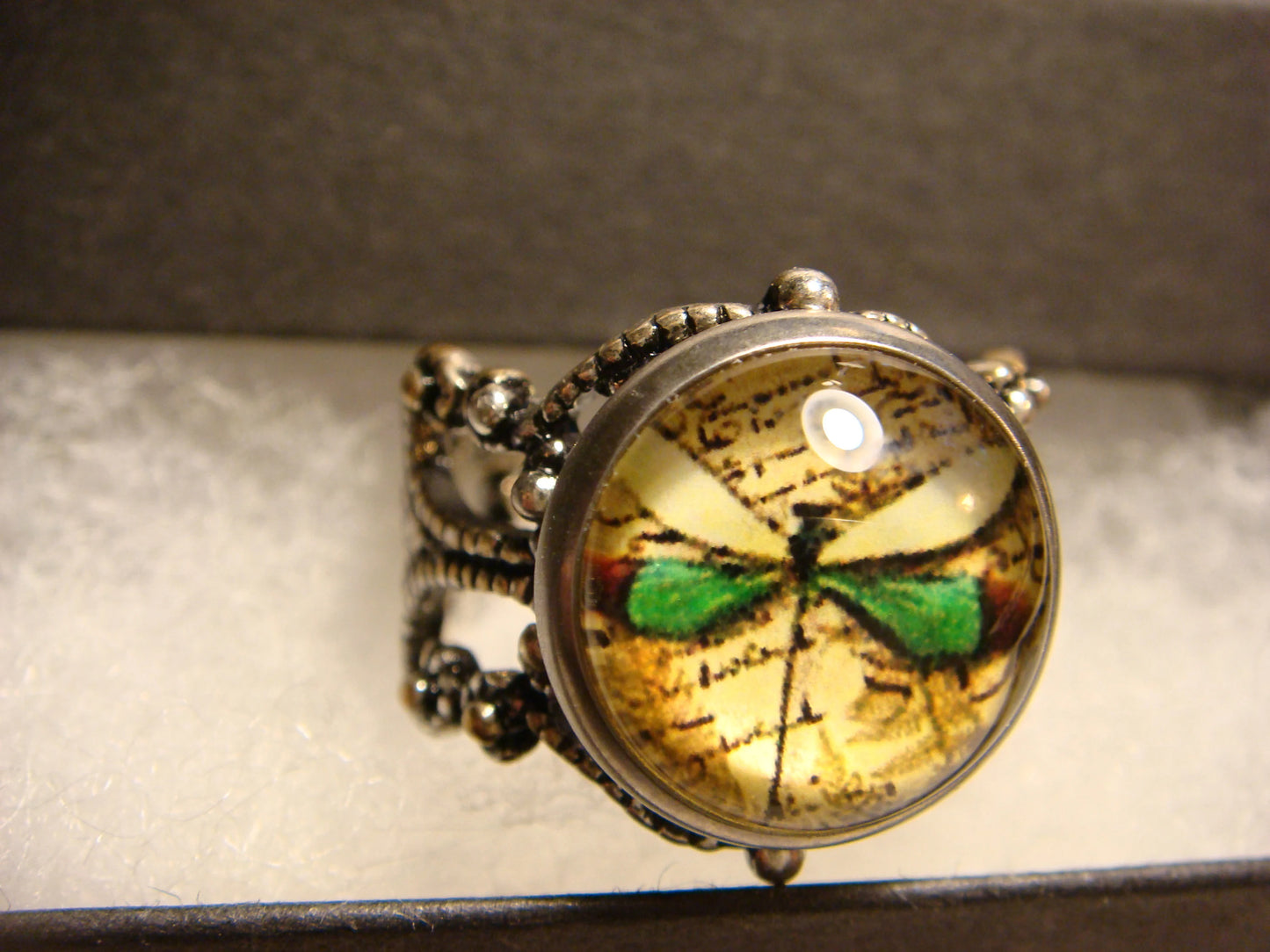 Dragonfly Image Filigree Ring in Antique Silver - Adjustable