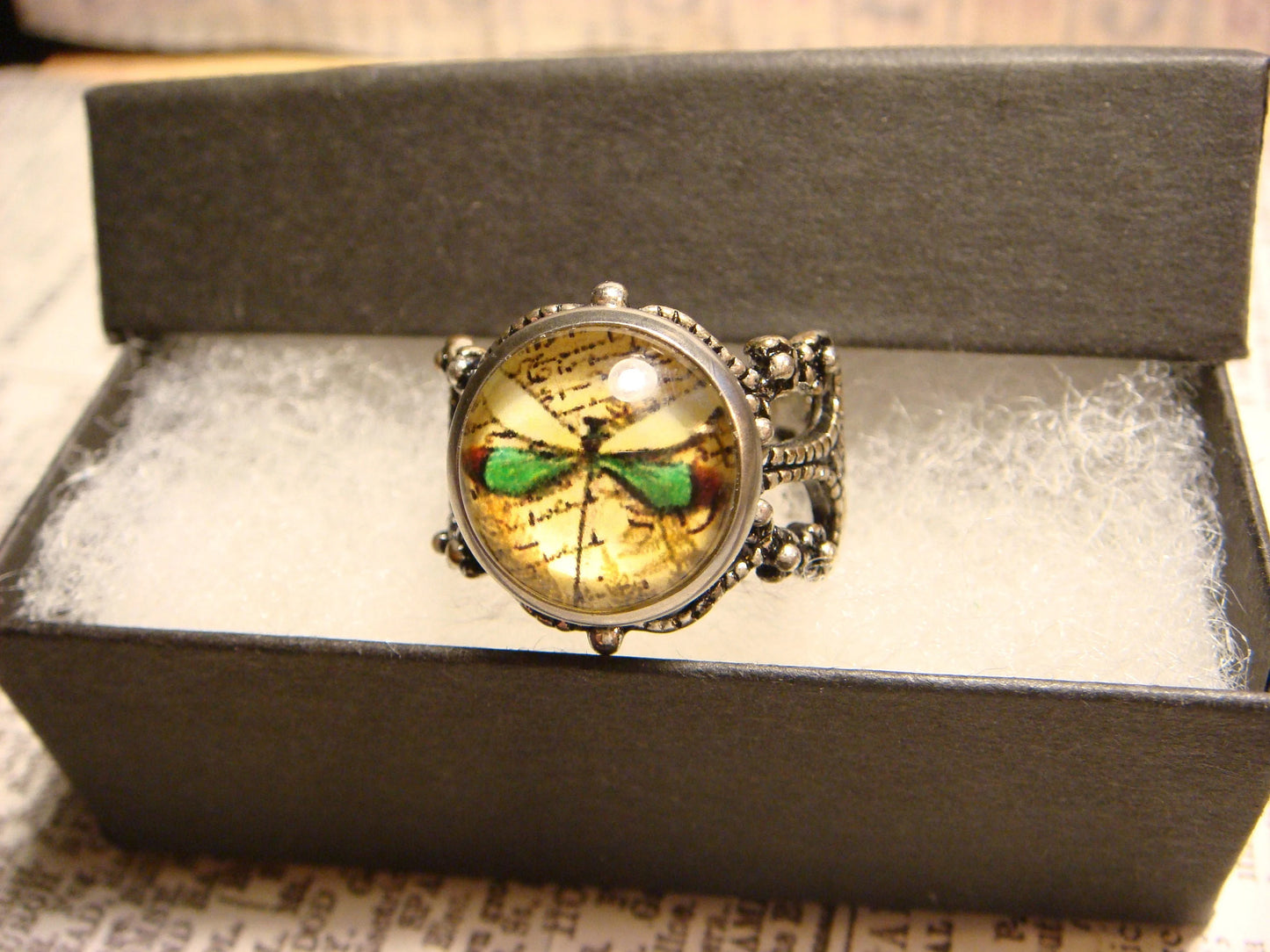 Dragonfly Image Filigree Ring in Antique Silver - Adjustable