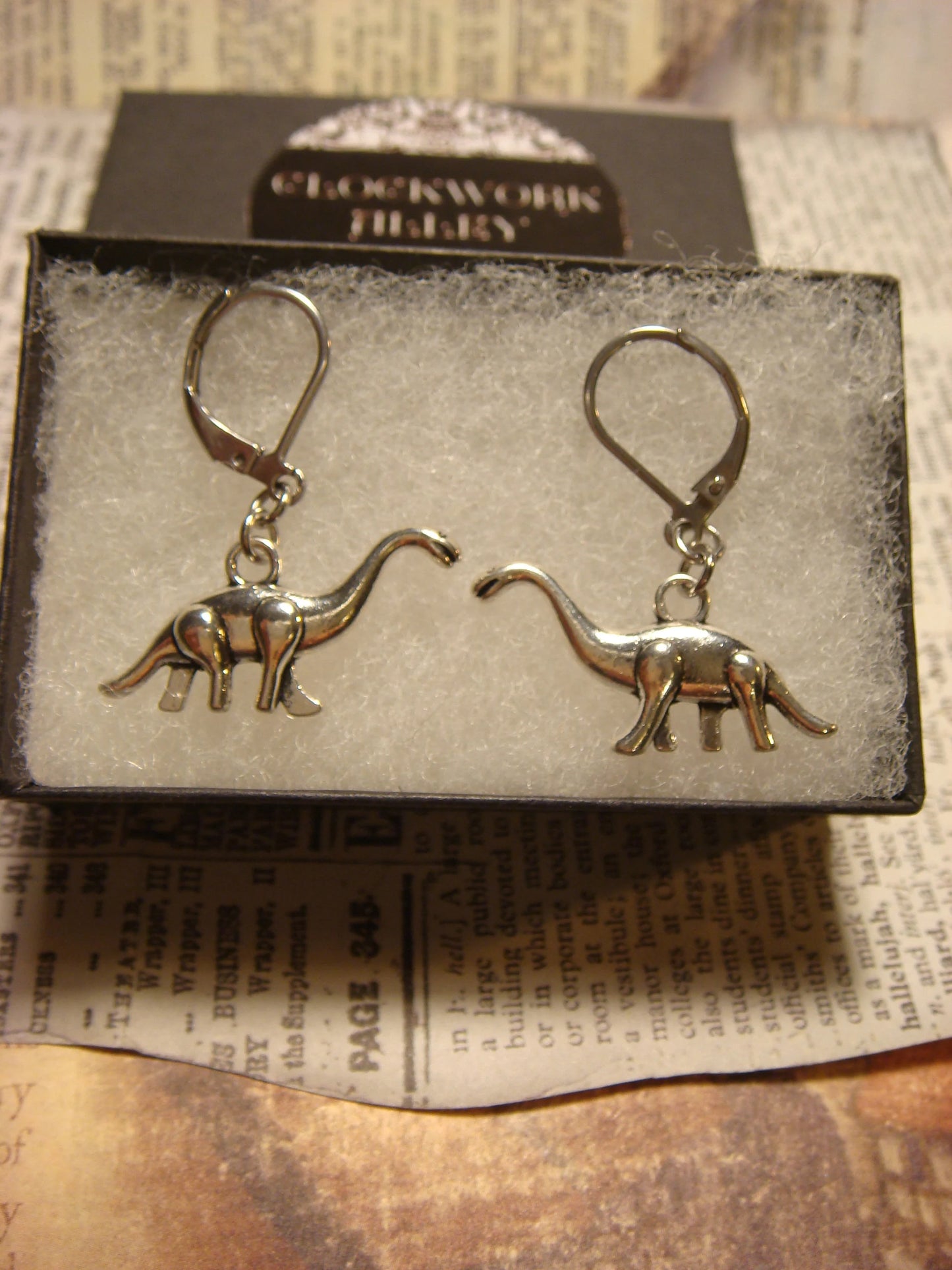 Dinosaur Bronto Dangle Earrings in Antique Silver
