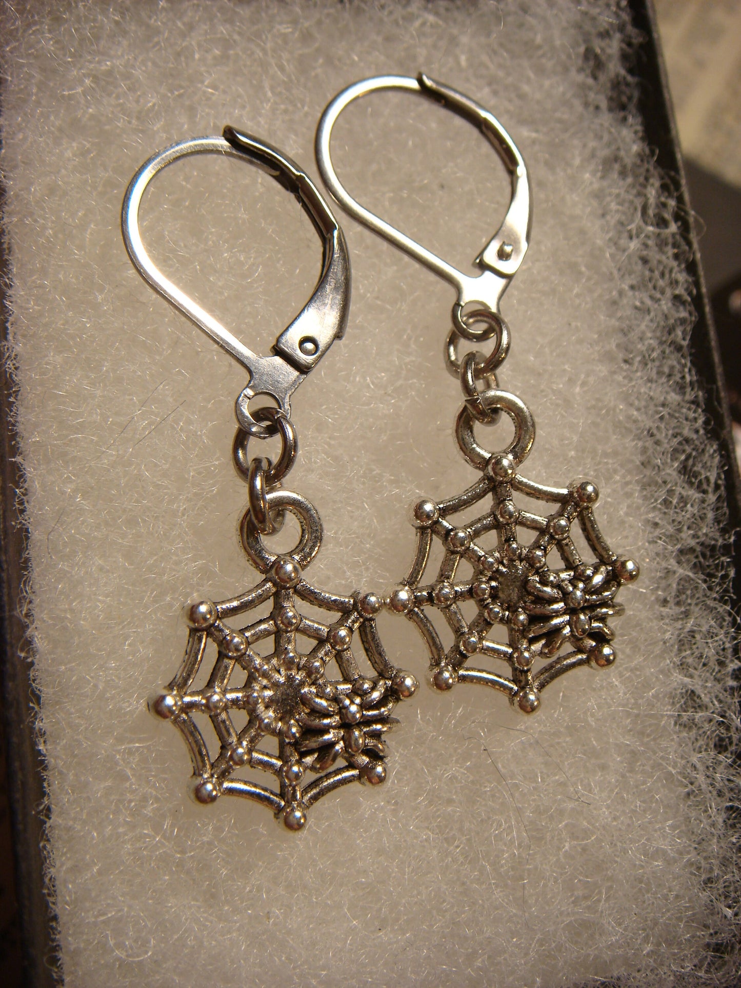Spider Web Dangle Earrings in Antique Silver