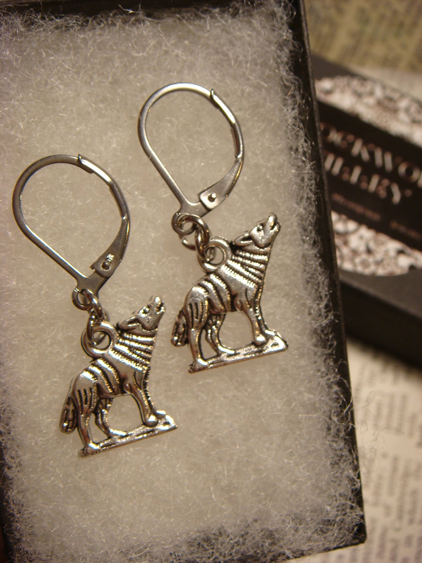 Wolf Dangle Earrings in Antique Silver
