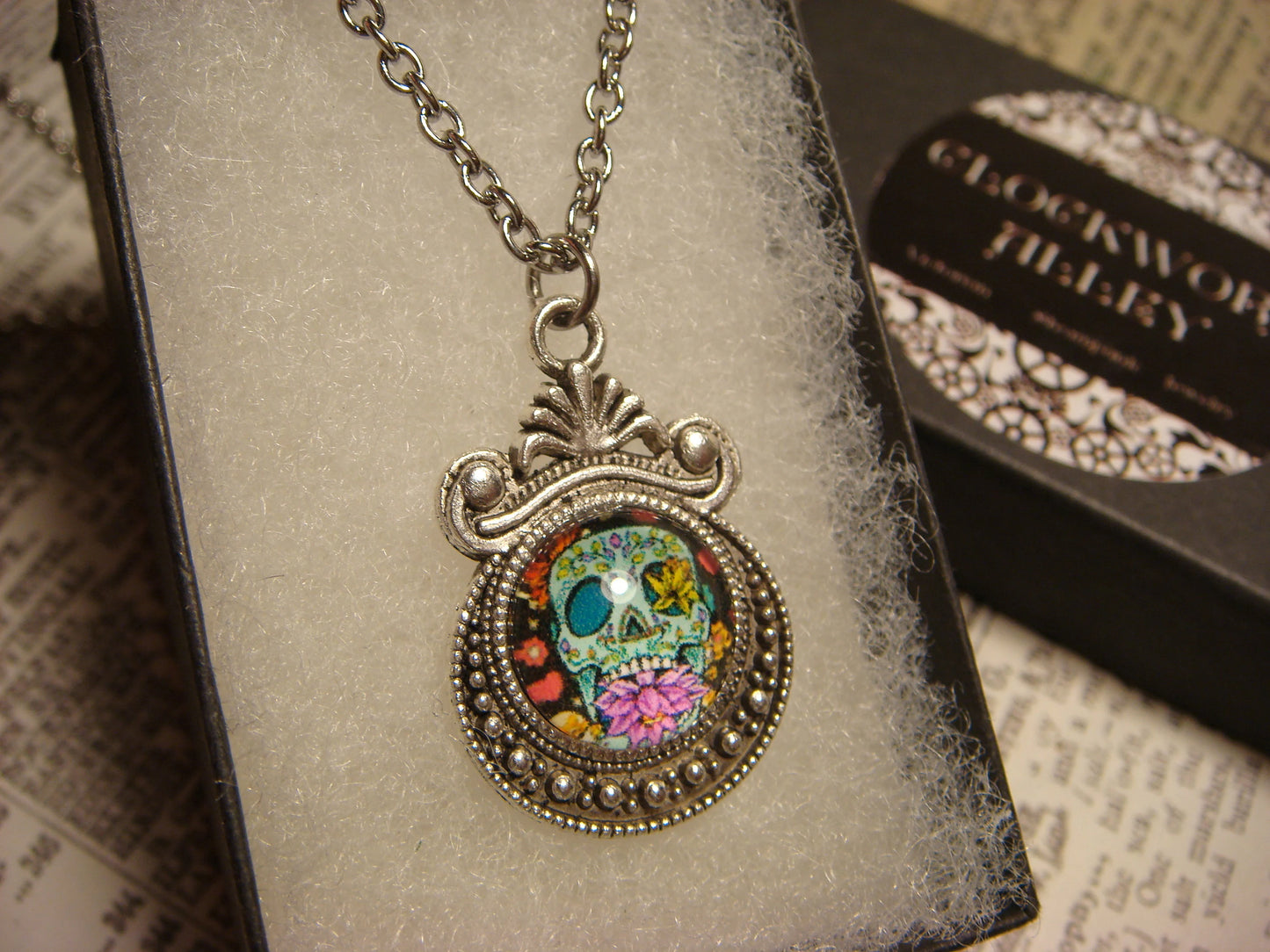 Sugar Skull Image Small Ornate Necklace