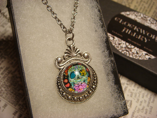 Sugar Skull Image Small Ornate Necklace