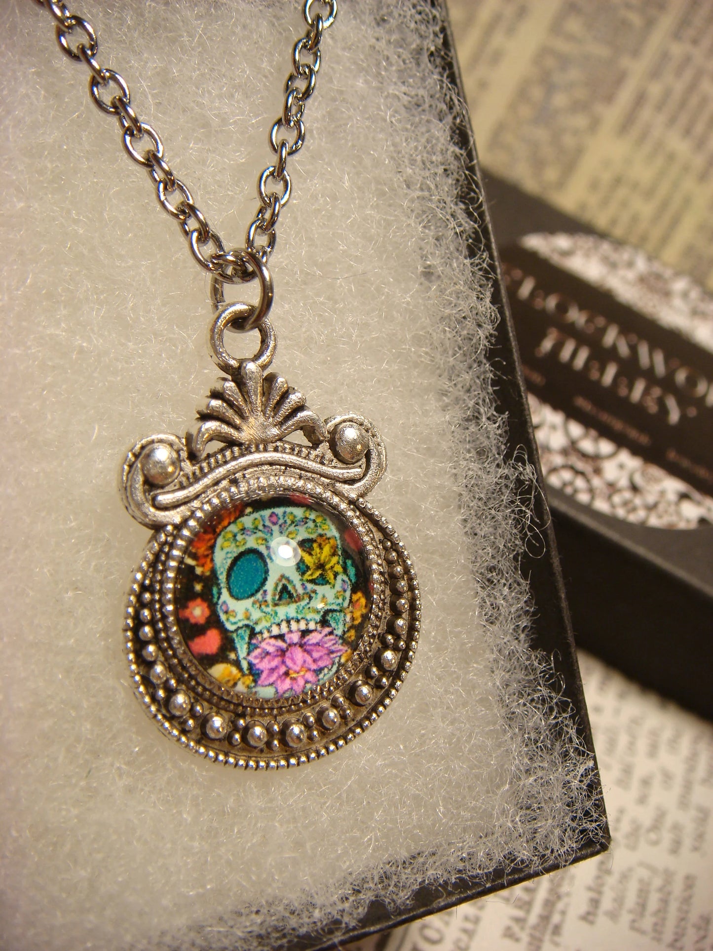 Sugar Skull Image Small Ornate Necklace