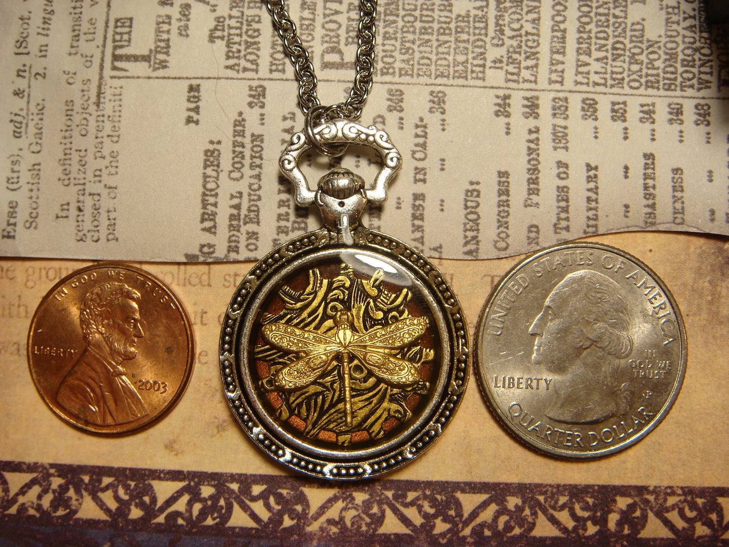 Dragonfly over Etched Gear Pocket Watch Pendant Necklace
