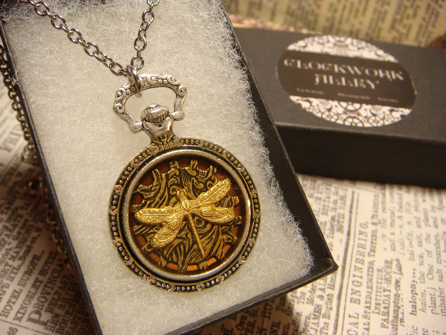 Dragonfly over Etched Gear Pocket Watch Pendant Necklace