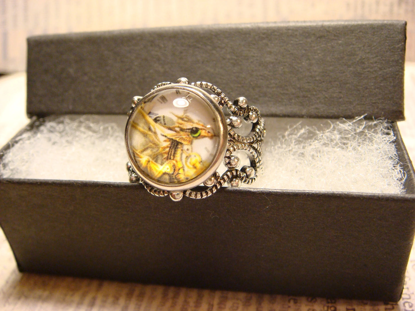 Steampunk Dragon Image Filigree Ring in Antique Silver - Adjustable