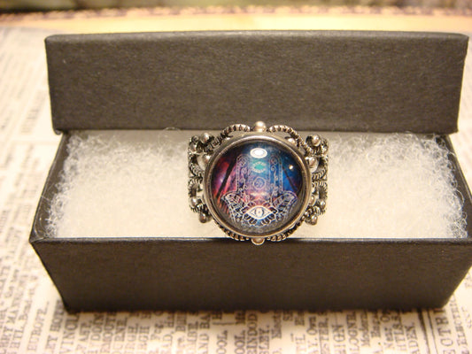 Colorful Hamsa Image Filigree Ring in Antique Silver - Adjustable