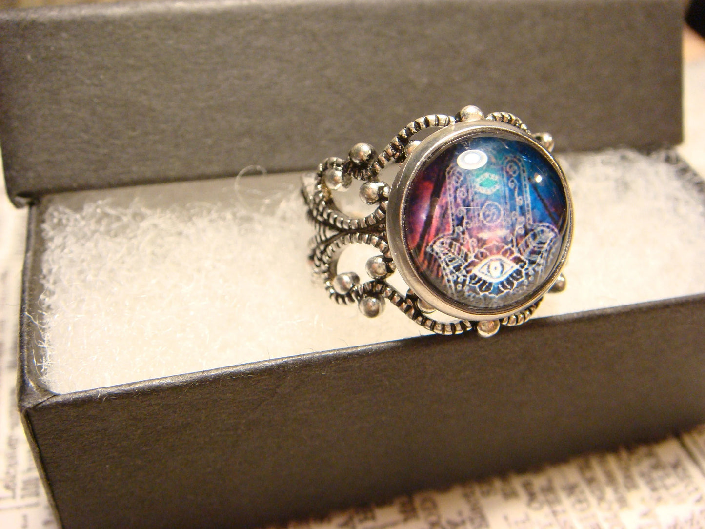 Colorful Hamsa Image Filigree Ring in Antique Silver - Adjustable