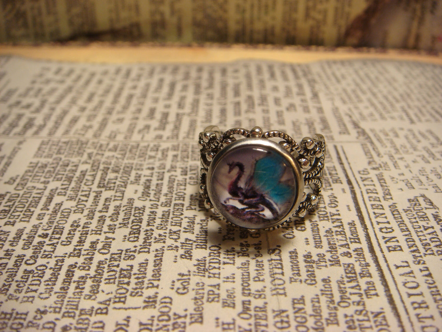 Dragon Image Filigree Ring in Antique Silver - Adjustable