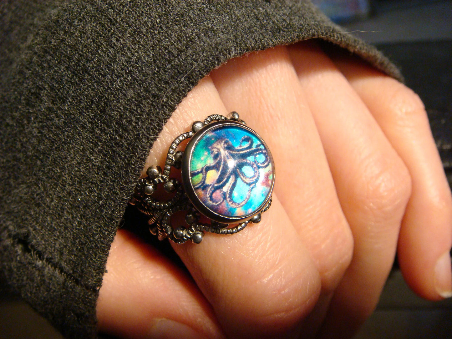 Octopus Galaxy Image Filigree Ring in Antique Silver - Adjustable