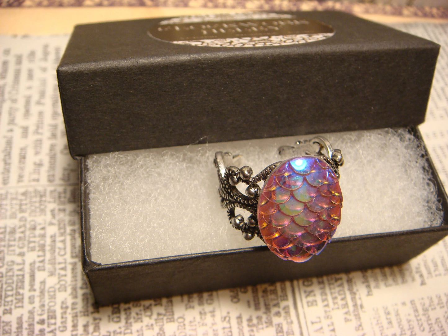 Iridescent Pink Scales Filigree Ring in Antique Silver - Adjustable