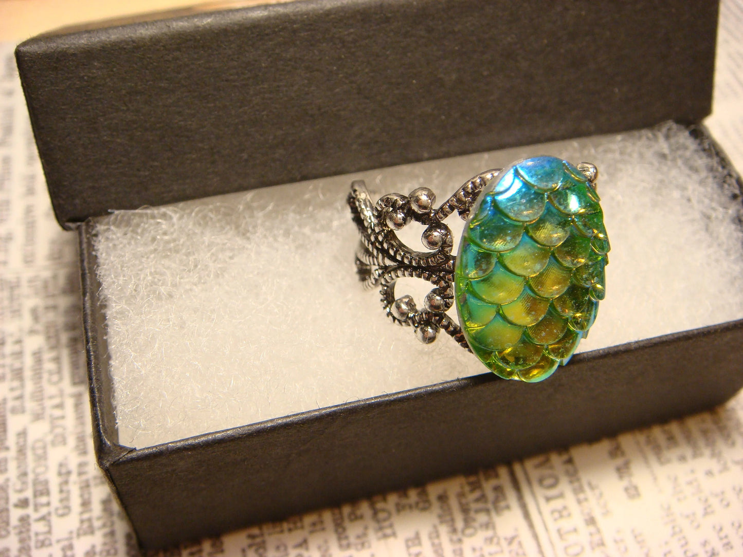 Iridescent Green-Blue Scales Filigree Ring in Antique Silver - Adjustable