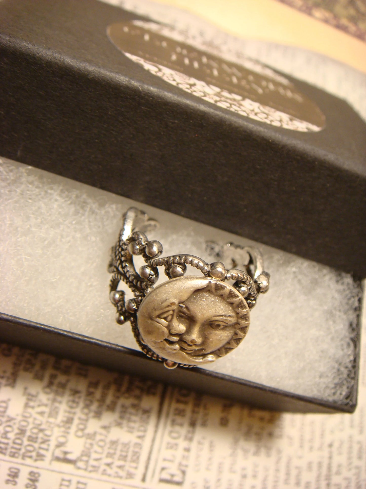 Sun and Moon Filigree Ring in Antique Silver - Adjustable
