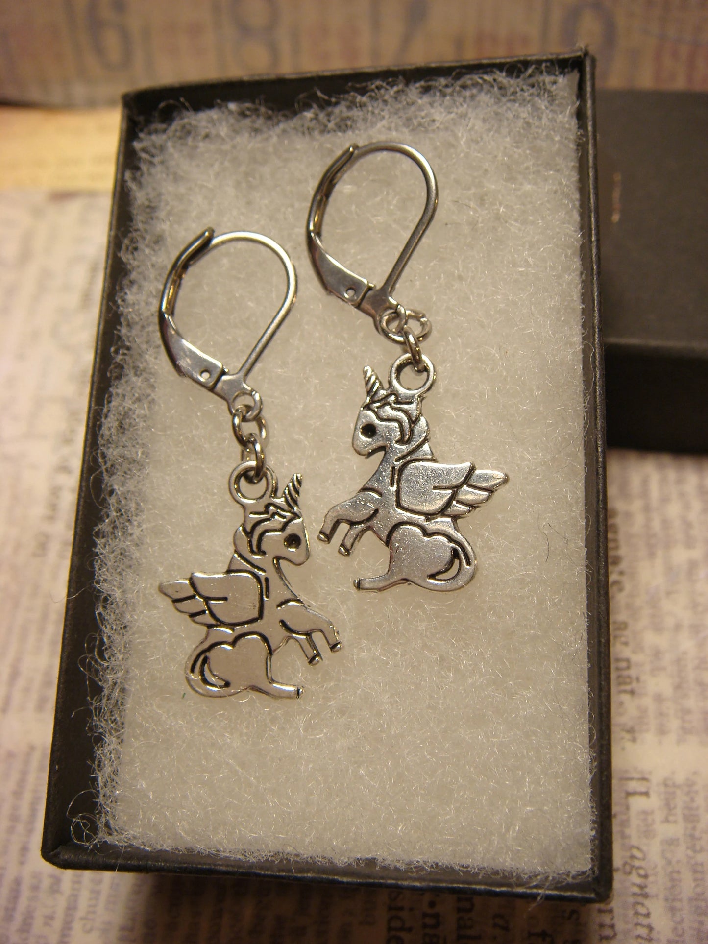 Winged Unicorn Dangle Earrings in Antique Silver