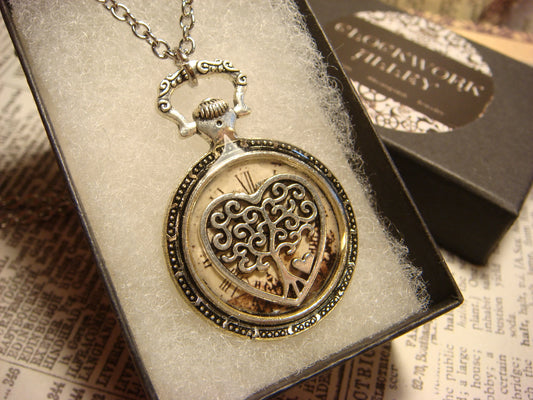 Tree Heart over Victorian Clock Pocket Watch Pendant Necklace