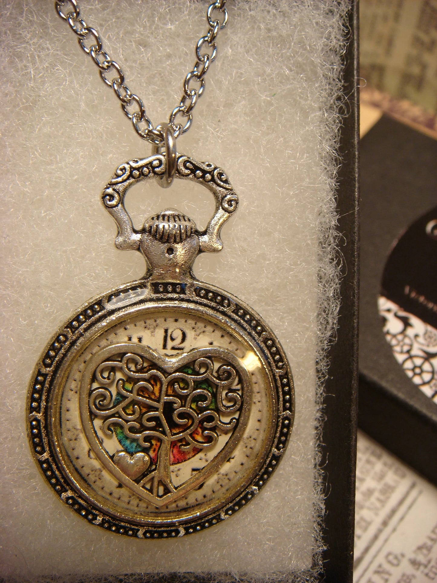 Tree Heart over Clock Pocket Watch Pendant Necklace