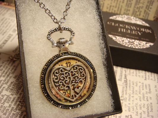 Tree Heart over Floral Clock Pocket Watch Pendant Necklace
