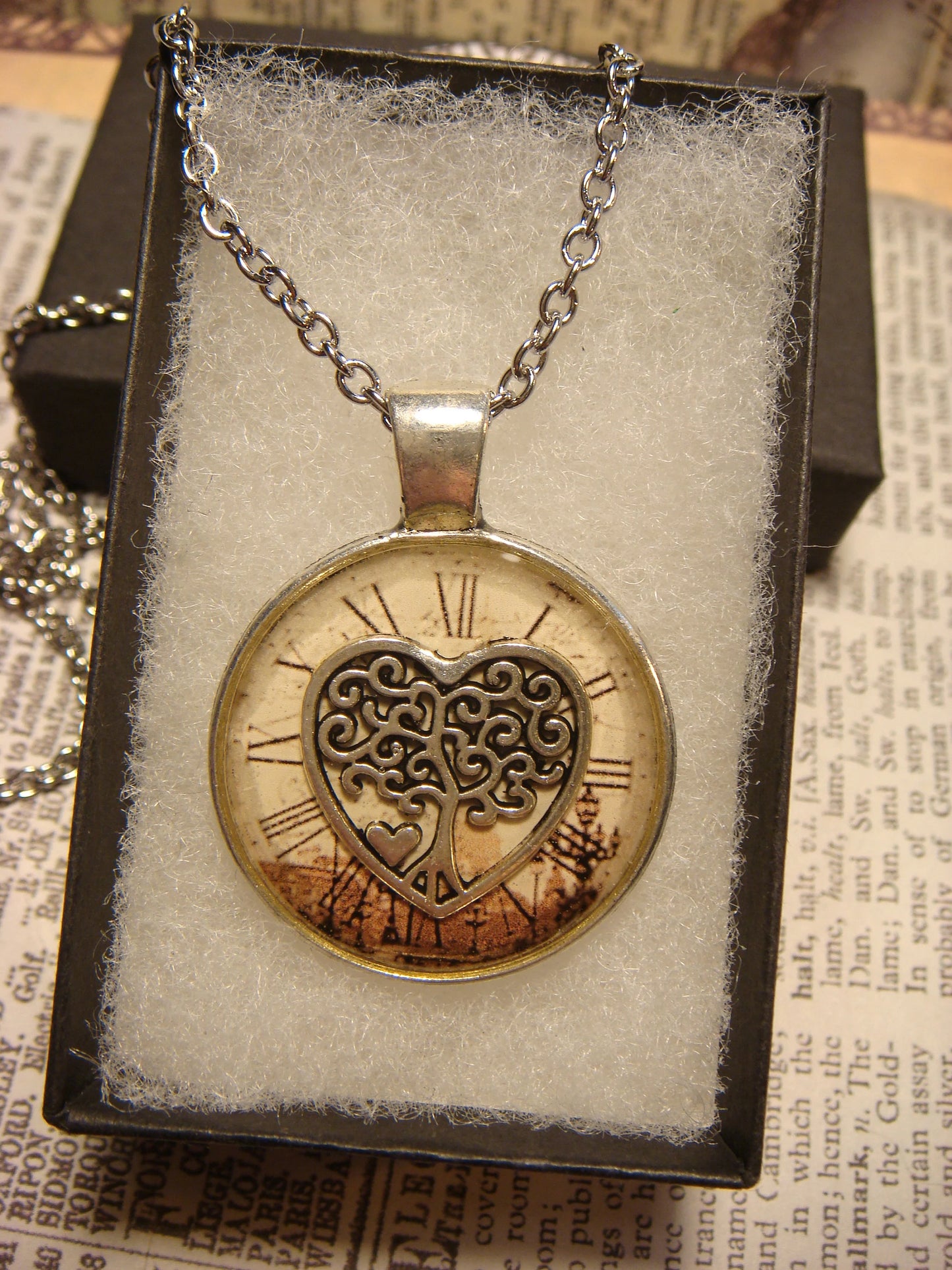 Tree Heart over Victorian Clock Pendant Necklace