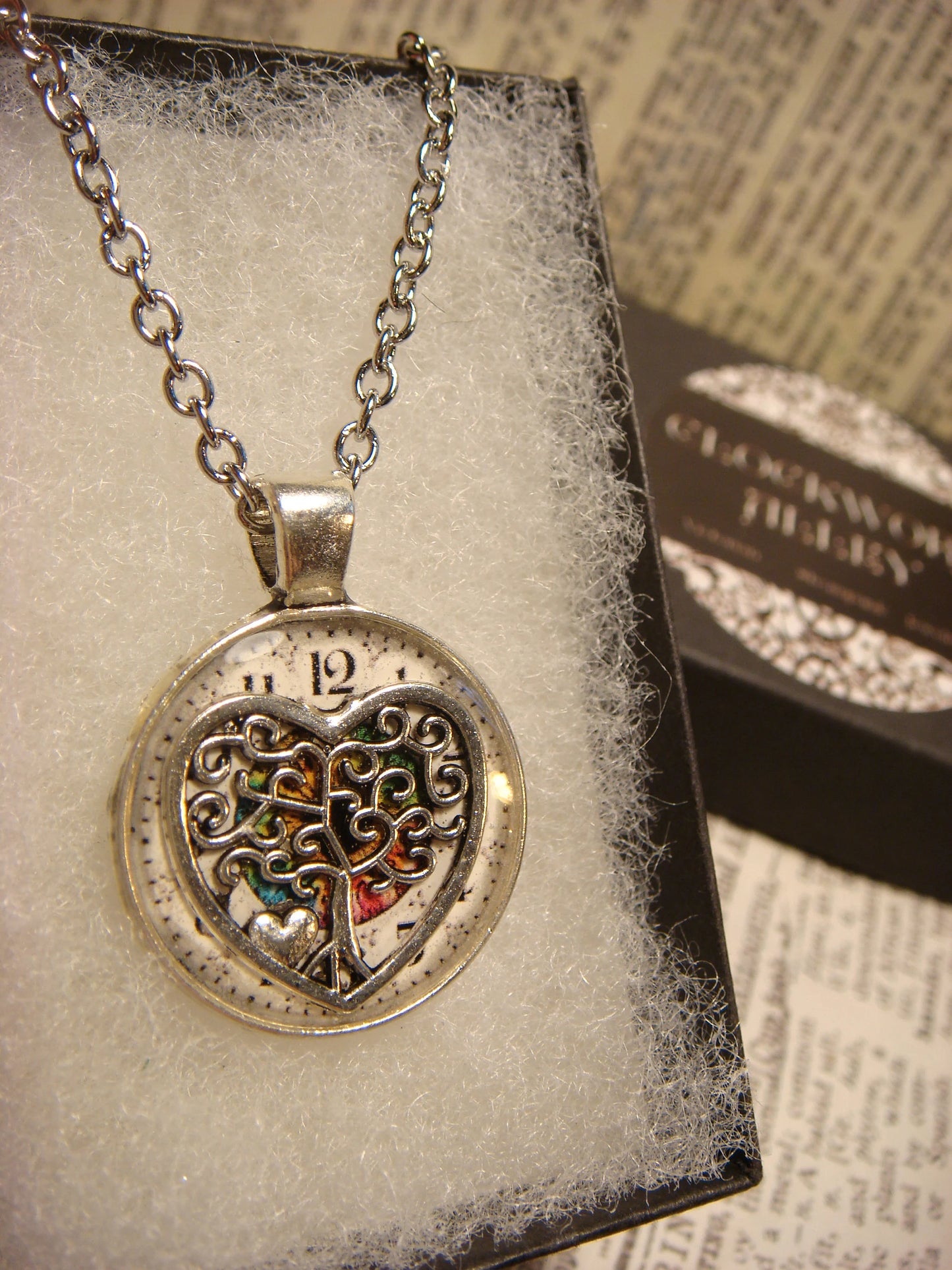 Tree Heart over Clock Small Pendant Necklace