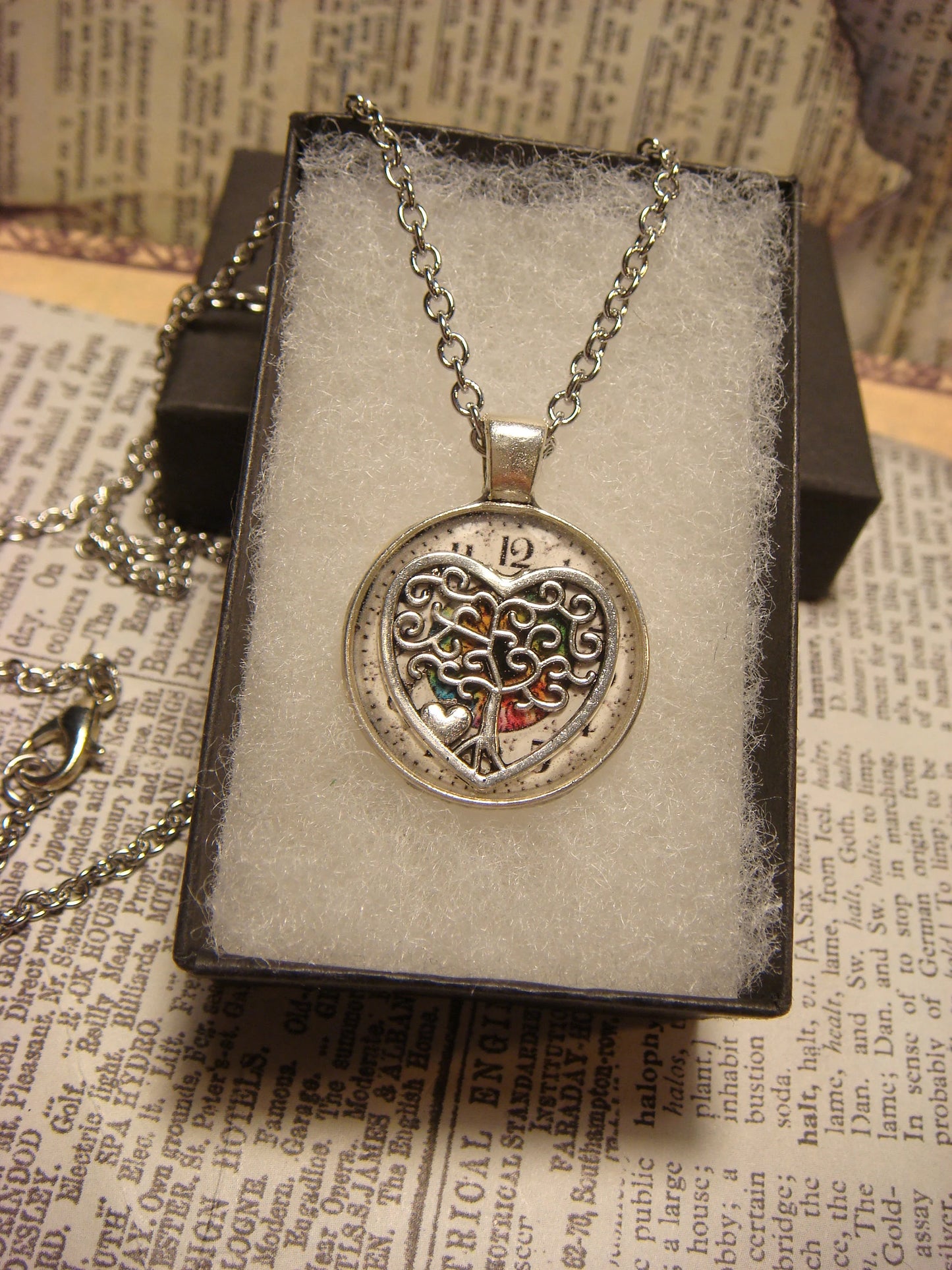 Tree Heart over Clock Small Pendant Necklace