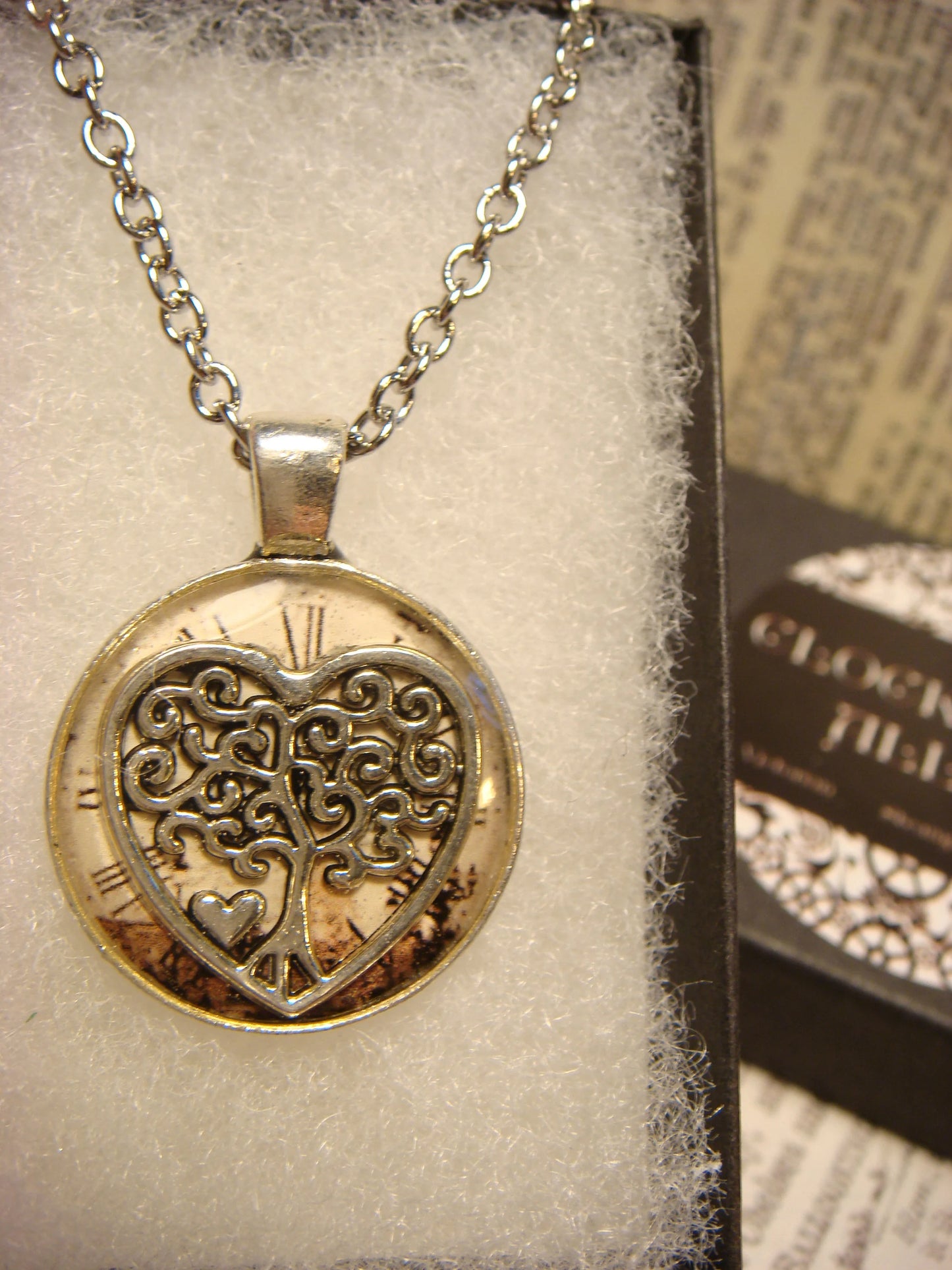 Tree Heart over Victorian Clock Small Pendant Necklace