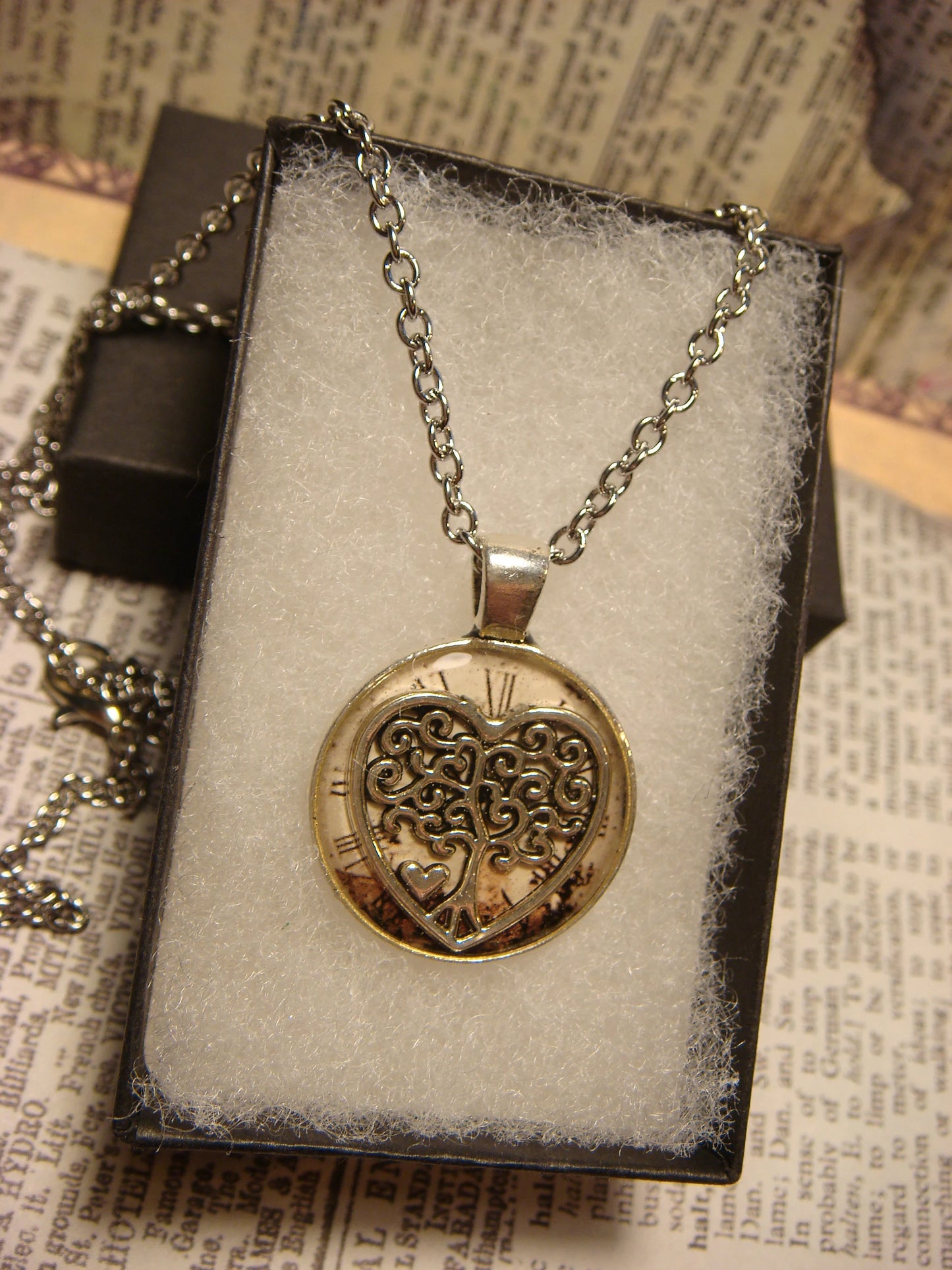 Tree Heart over Victorian Clock Small Pendant Necklace