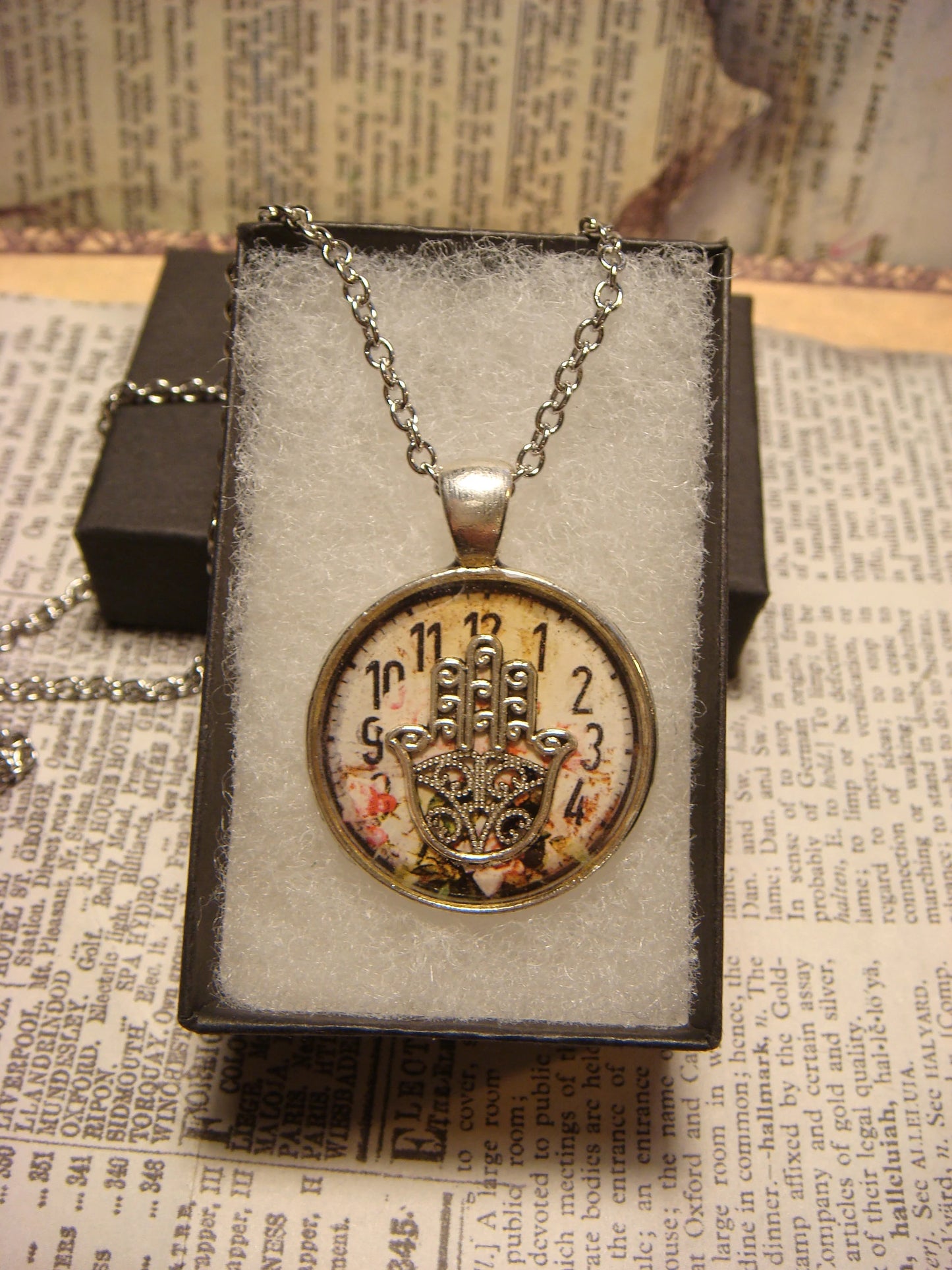 Hamsa over Floral Clock Pendant Necklace